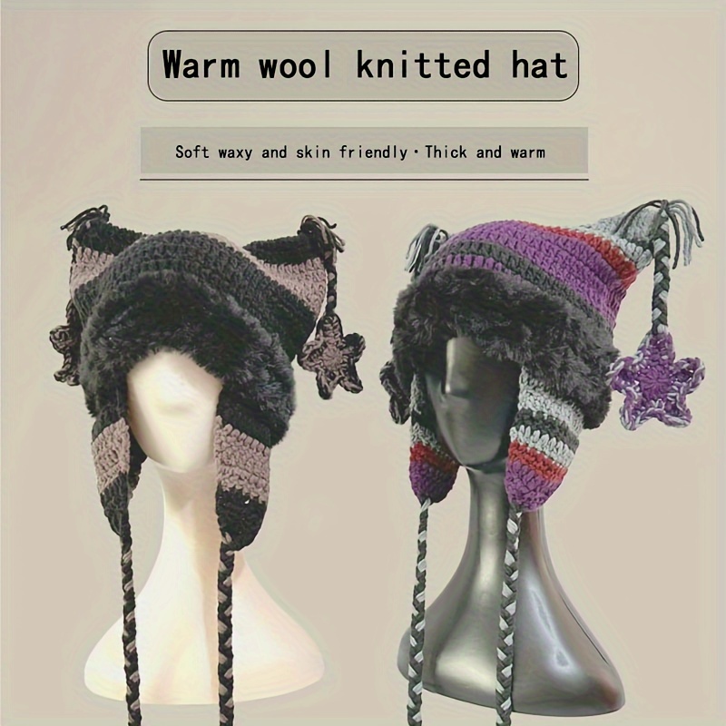 

's Studded Knitted Beanie - & Hat Ear - Cable Knit Hat