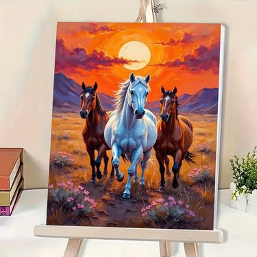 (Professional Art Use) Three Horses Running at Sunset 1pc DIY Adult Paint by Numbers Kit, Including Acrylic Paints, Canvas, 3 Paintbrushes, and an Instruction Manual. Size: 40×50cm / 16×20 Inches. Perfect for Home Decoration and Gifting