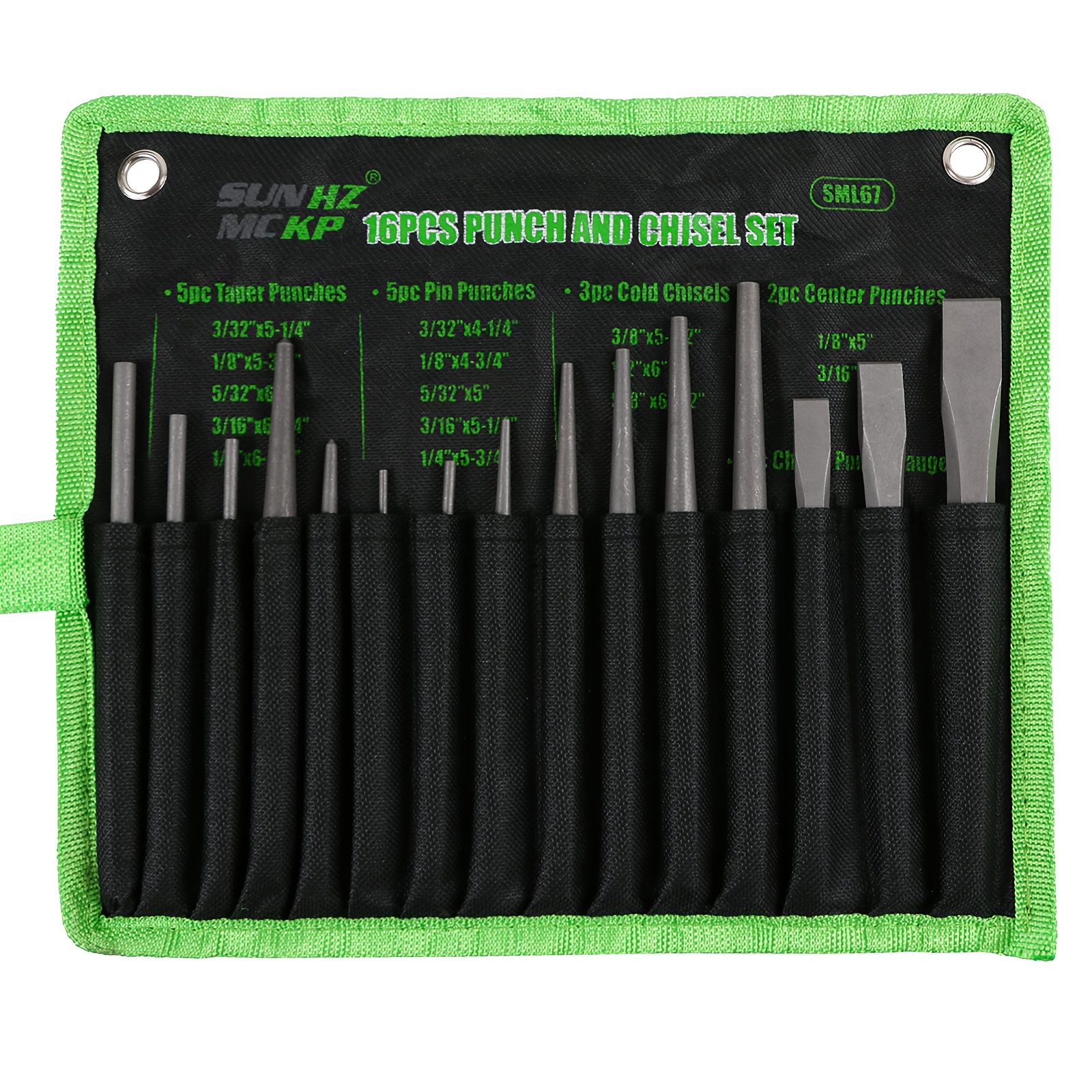 TEMU 16pcs Heavy Duty Punch And Chisel Set | Includes Taper Punch, Cold Chisels, Pin Punch, Punch, Made Of Chrome Vanadium Steel, With Storage Pouch,