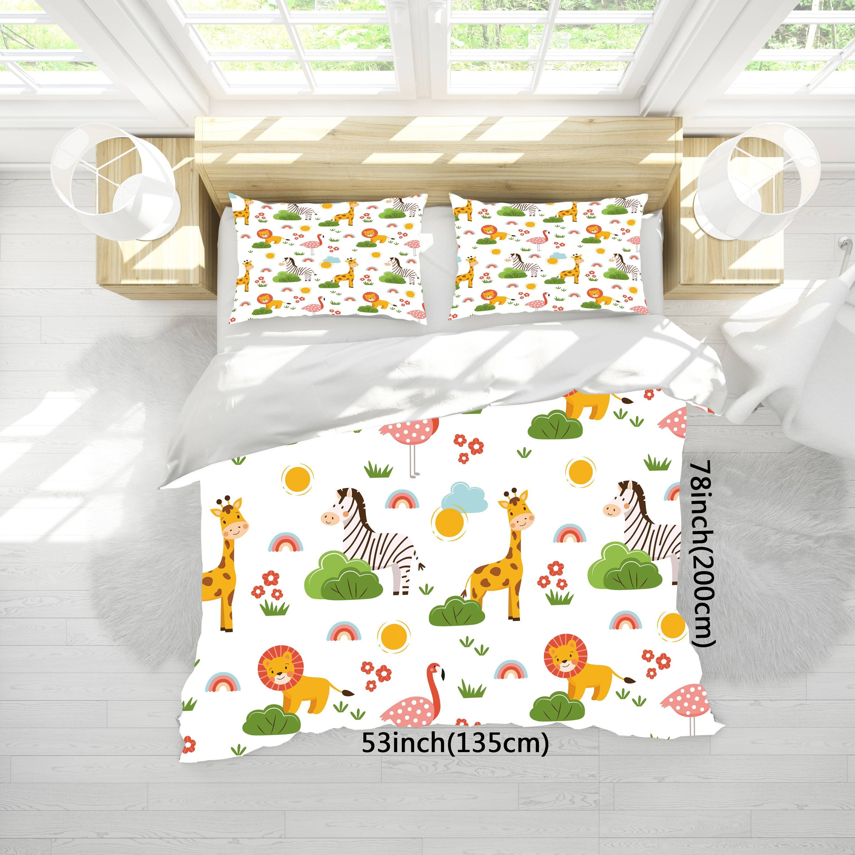 TEMU Linge de lit sur le thème des animaux, comprenant 1 housse de couette et 2 taies d'oreiller ornées de girafes et de zèbres