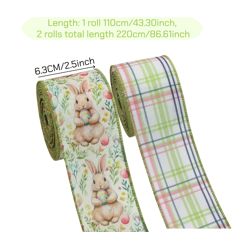 Image of 2 Rolls Wired Ribbon With Spring Watercolor Easter Rabbits & Flowers - Wired Edges For Diy Bows, Gift Wrapping, Flower Garlands - Narrow Ribbon Suitable For Spring Crafts, Easter Decorations