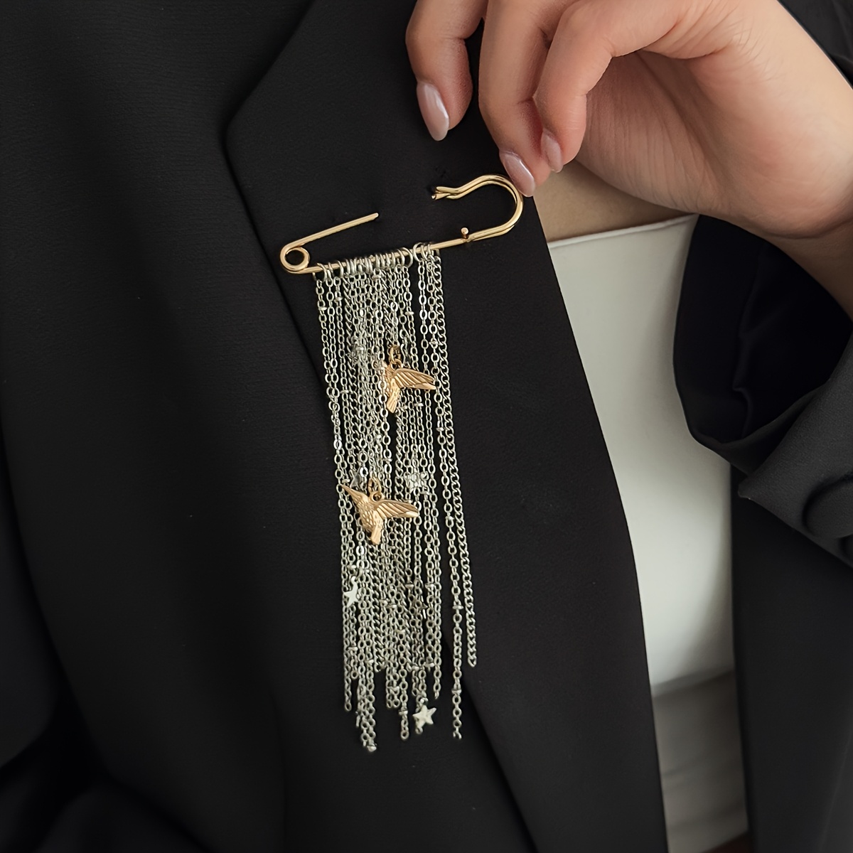 TEMU Broche de borla con pájaro y estrellas, estilo de lujo de /verano, 1 pieza, accesorio de alfiler de en colores dorado y plateado estilo Ins de