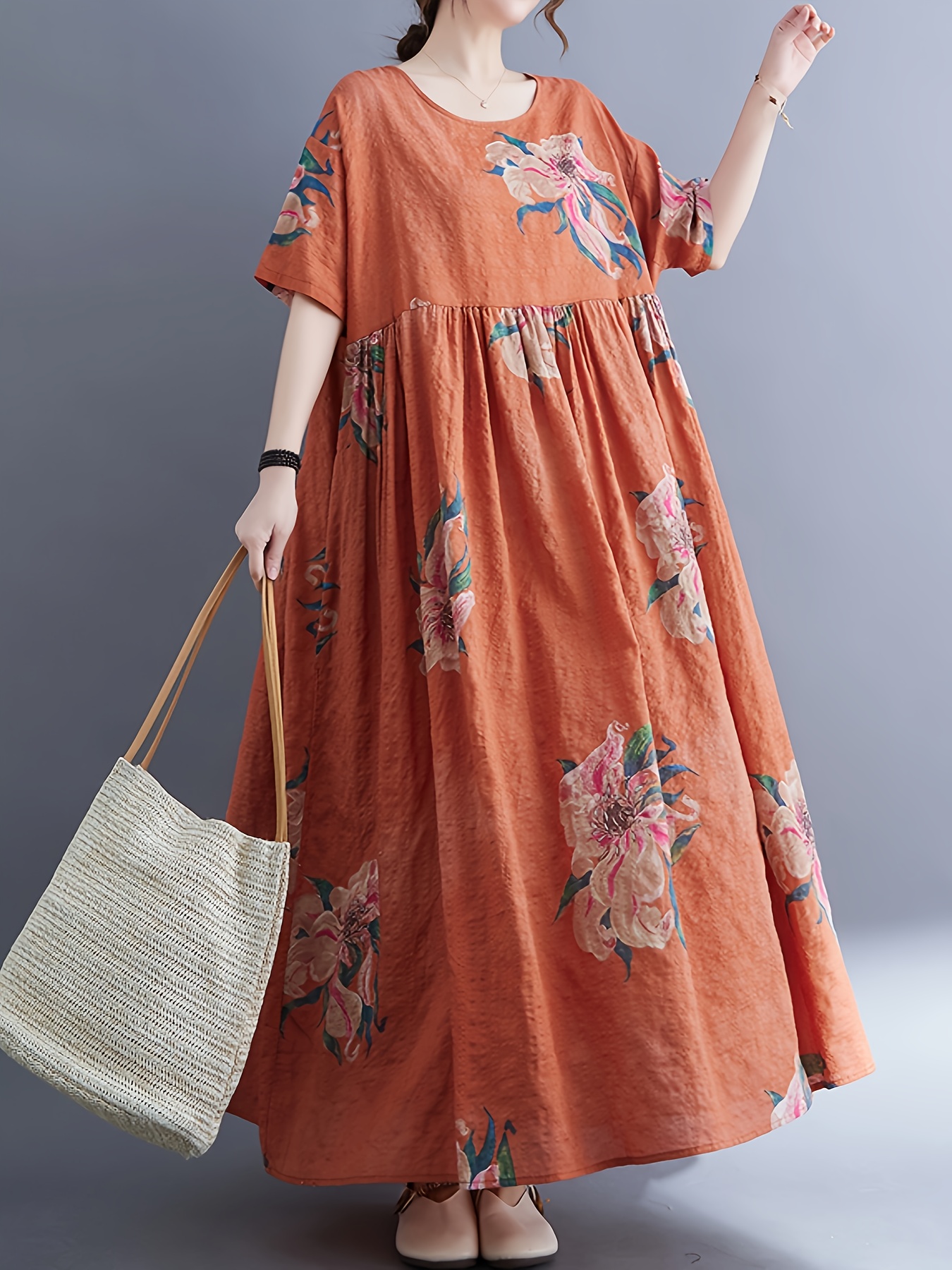 Plus Size, Boho Beach Dress * Swing Crew Neck Short-sleeved Dress