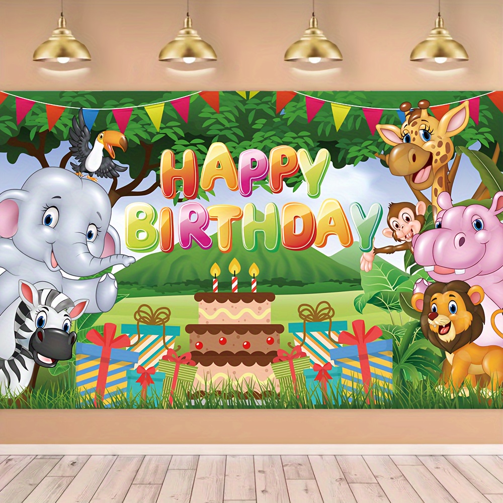

1pc Happy Birthday Decoration Banner, Animal Party Background Banner, Forest Cartoon Elephant Lion Cake Table Birthday Party Banner, Birthday Photo Background, Indoor And Outdoor Banner Decoration.