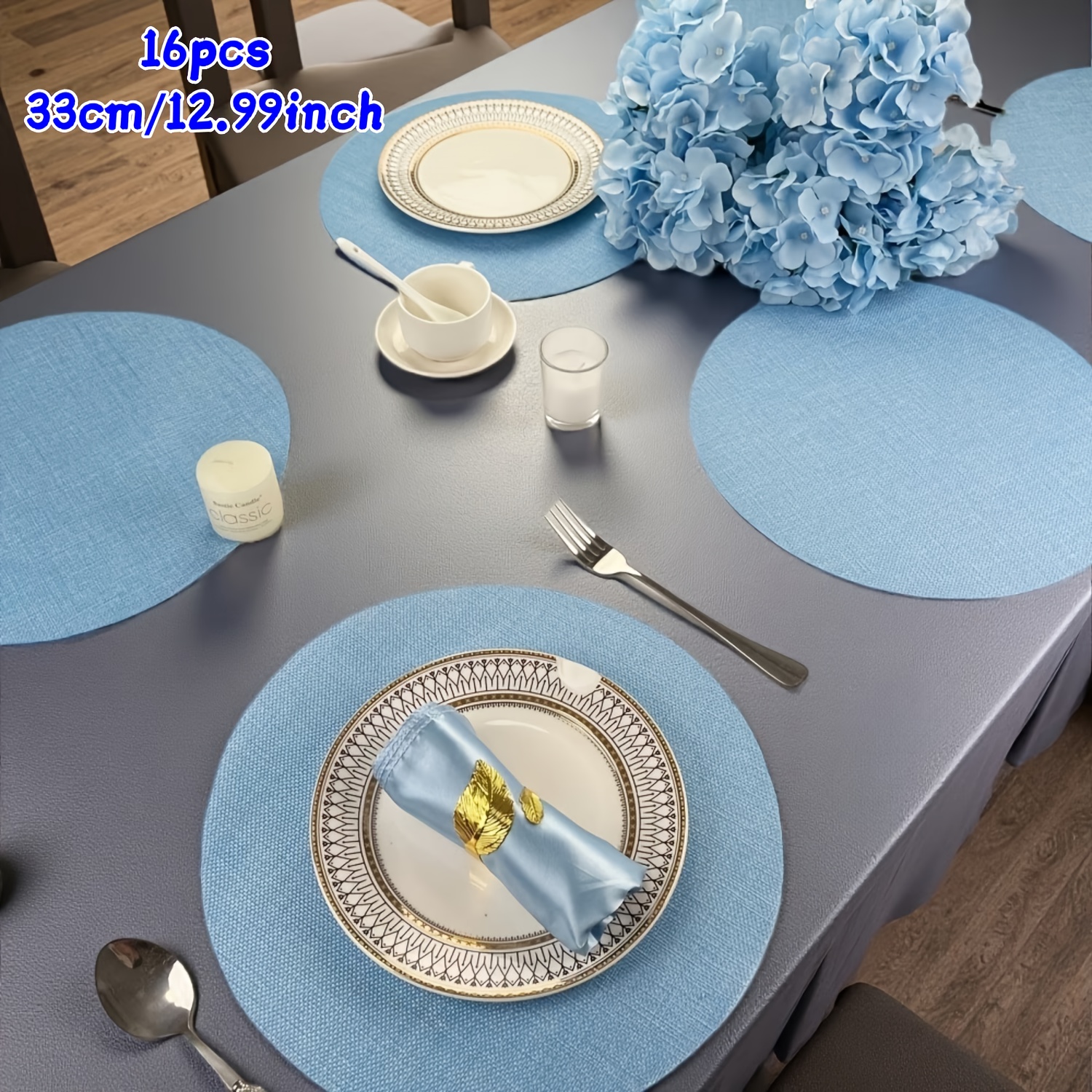 TEMU Juego de 16 manteles individuales redondos de lino (12.99 pulgadas de diámetro) azul cielo—Estilo bohemio; para recepciones de boda, arreglos de