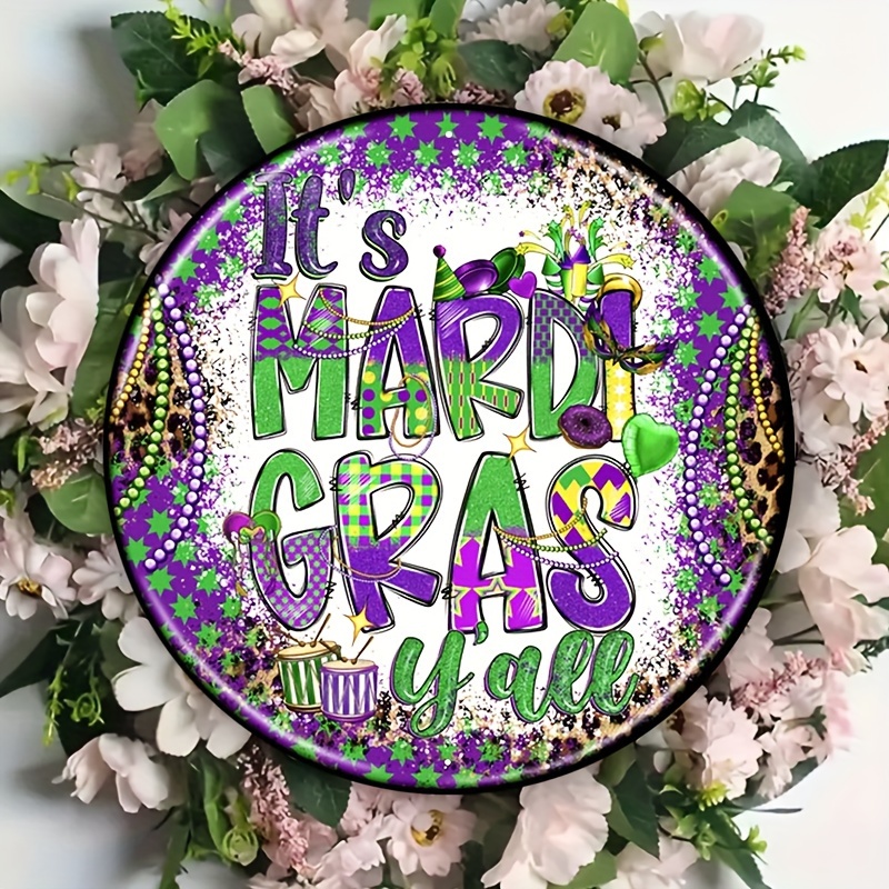 

1pc 8x8inch Aluminum Metal Sign, Mardi Gras Wreath Sign, Wreath Sign For Mardi Gras, Decorative Wall Sign, For Home Bedroom Restaurant Cafe Bathroom Garage Wall Decor