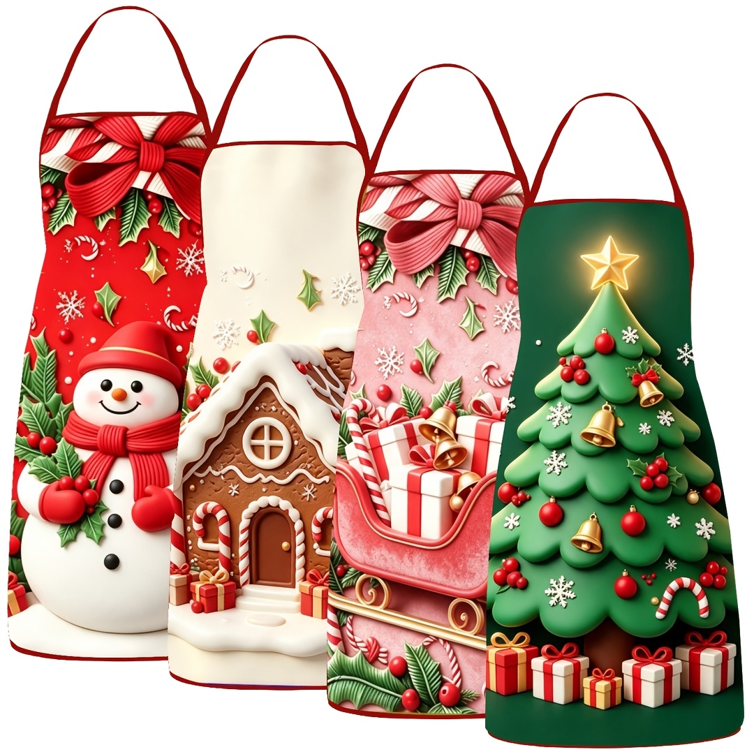 TEMU 4pcs Christmas Aprons, 20.5x28.3 Inches, Colorful Style, Christmas Tree Snowman And Sled Decoration Aprons, Men's And Women's Universal Aprons,
