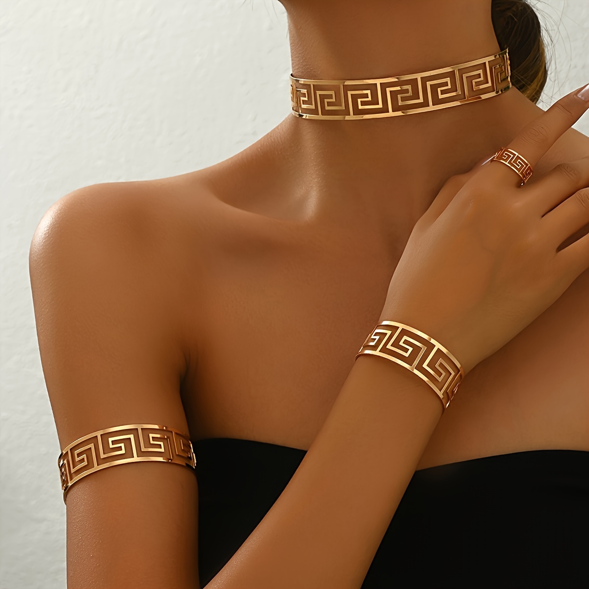 TEMU Vintage-inspired Geometric Cutout Greek Jewelry Set For Women - Alloy Choker, Bracelet, Arm Cuff, Ring Set - For Daily & Party Wear