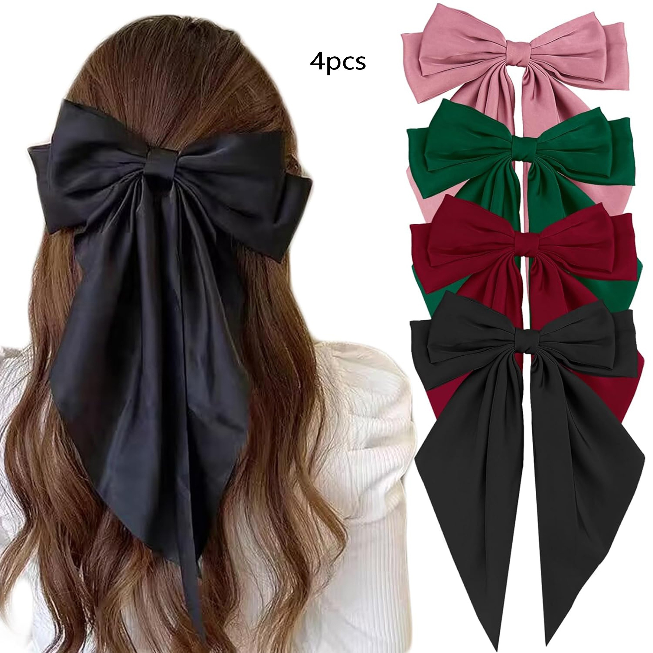 Image of 4 Large Hair Clips With Bows, Featuring French Long-tail Satin Bows, Suitable For Birthdays/parties/performance (green, Red, Black, Pink)