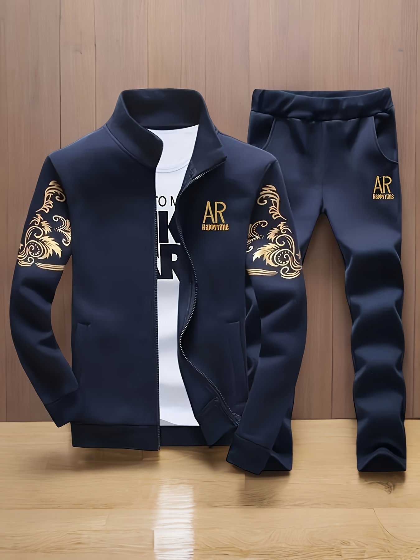 2pcs Youth New AR Embroidered Jacket and Pants Set, 100% Polyester, Non-Stretch Warm Long Sleeve Trousers Sports Suit, Suitable for Jogging, Cycling, Outdoor Walkin, for Outdoor