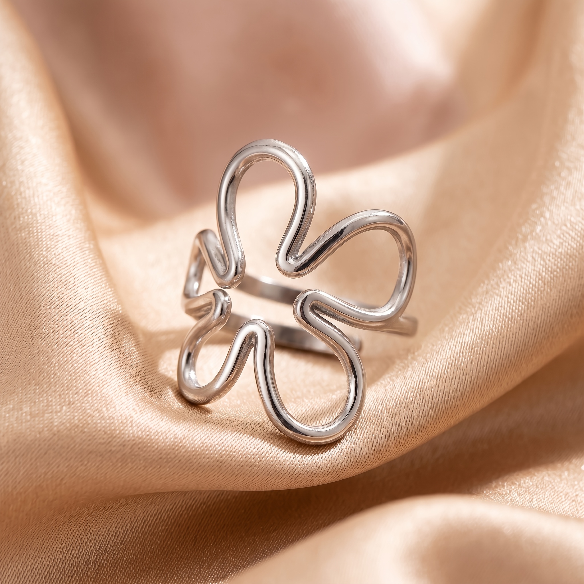 Image of Hollow-out 3d Floral Stainless Steel Adjustable Ring, Women's Fashion Accessories For Everyday Delicate Niche Style Sweet Dating Look