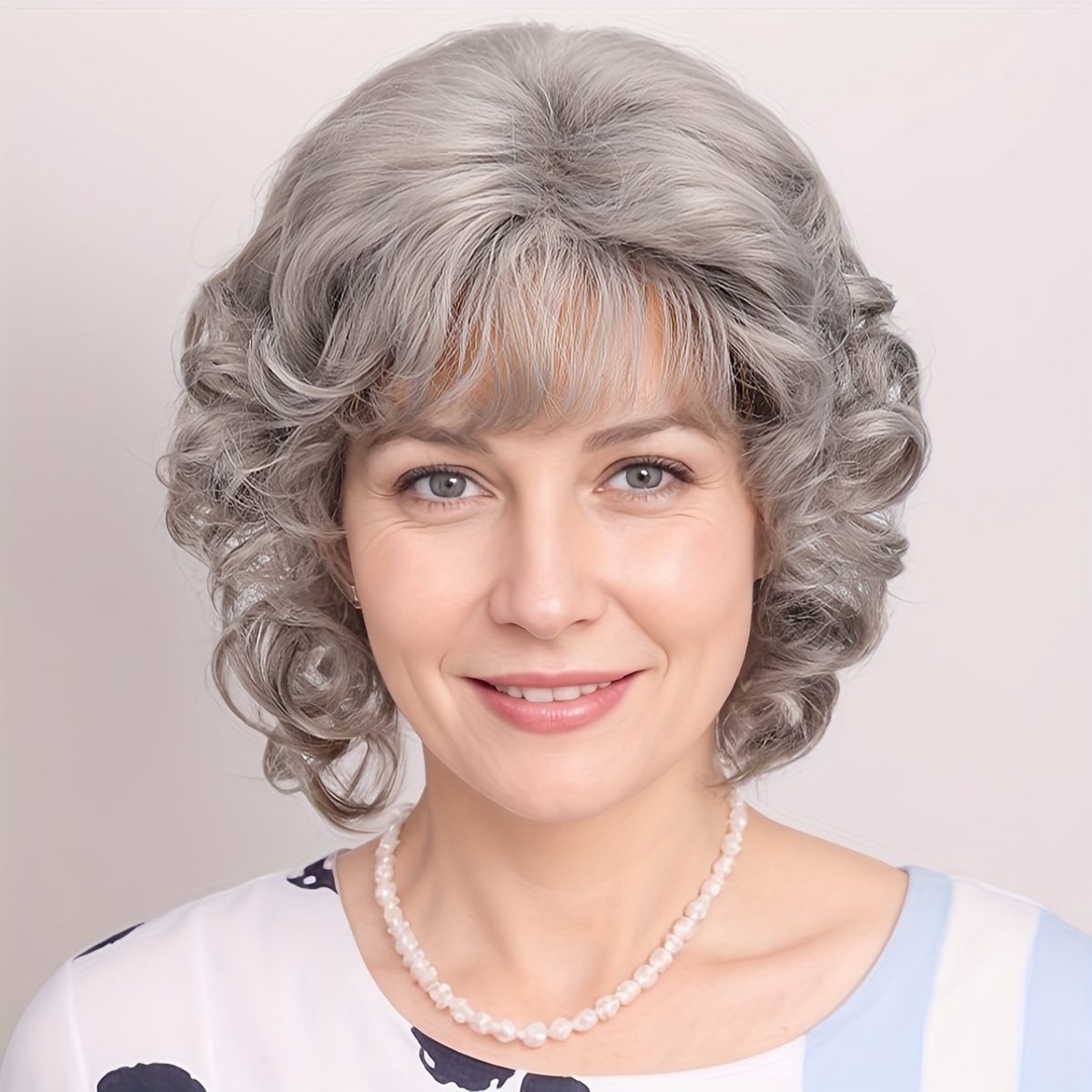 

Women's Curly Wave Synthetic Wig With Bangs, 10 Inch Grey, Fiber, 130% Density, , Adjustable Cap, Heat Resistant, Suitable For And Parties