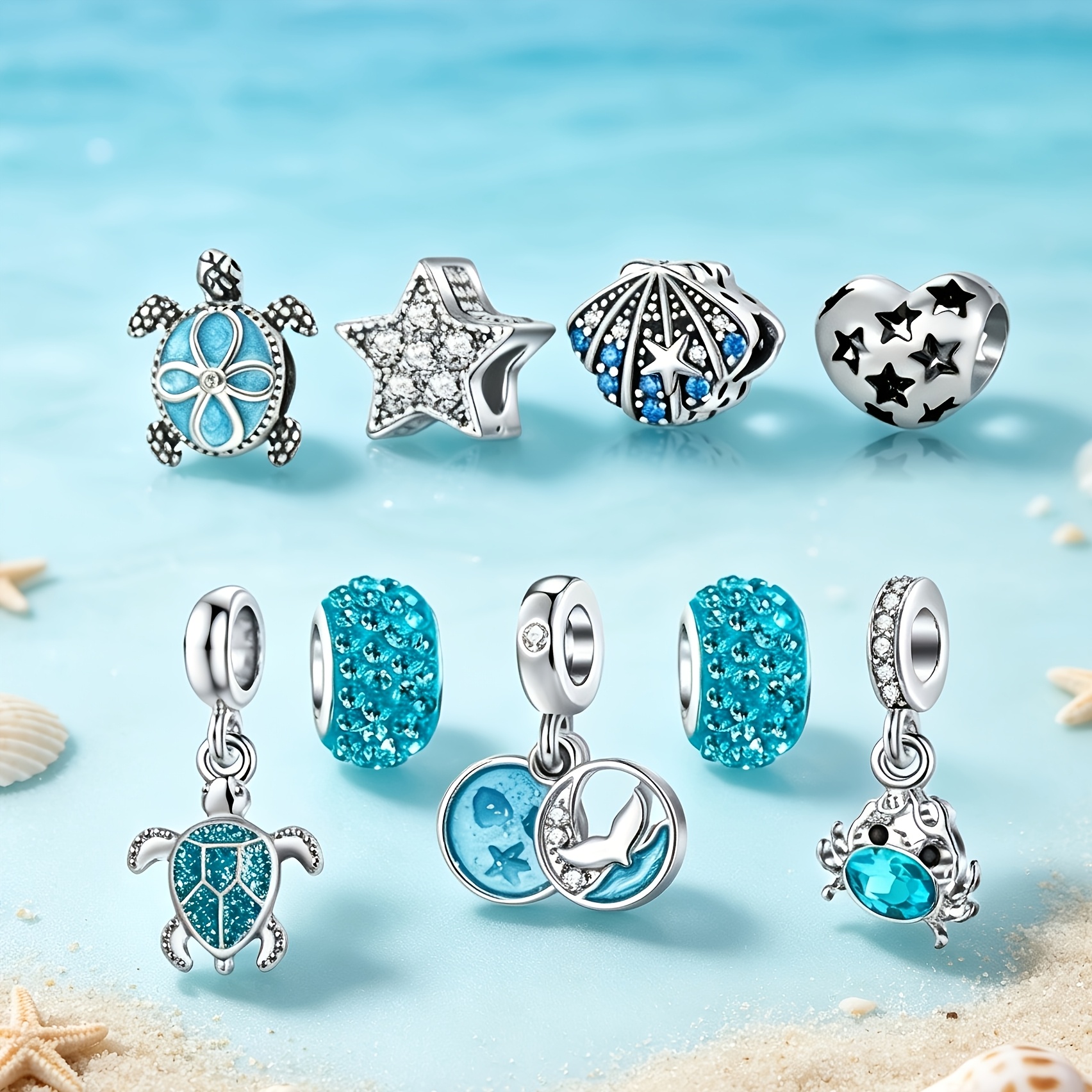TEMU 9pcs Ocean Animal Bead Pendant Set, Including Oil , Zirconia , Blue Zirconia Barrier Beads, And Seagull Pendants, Used To Make Necklaces,