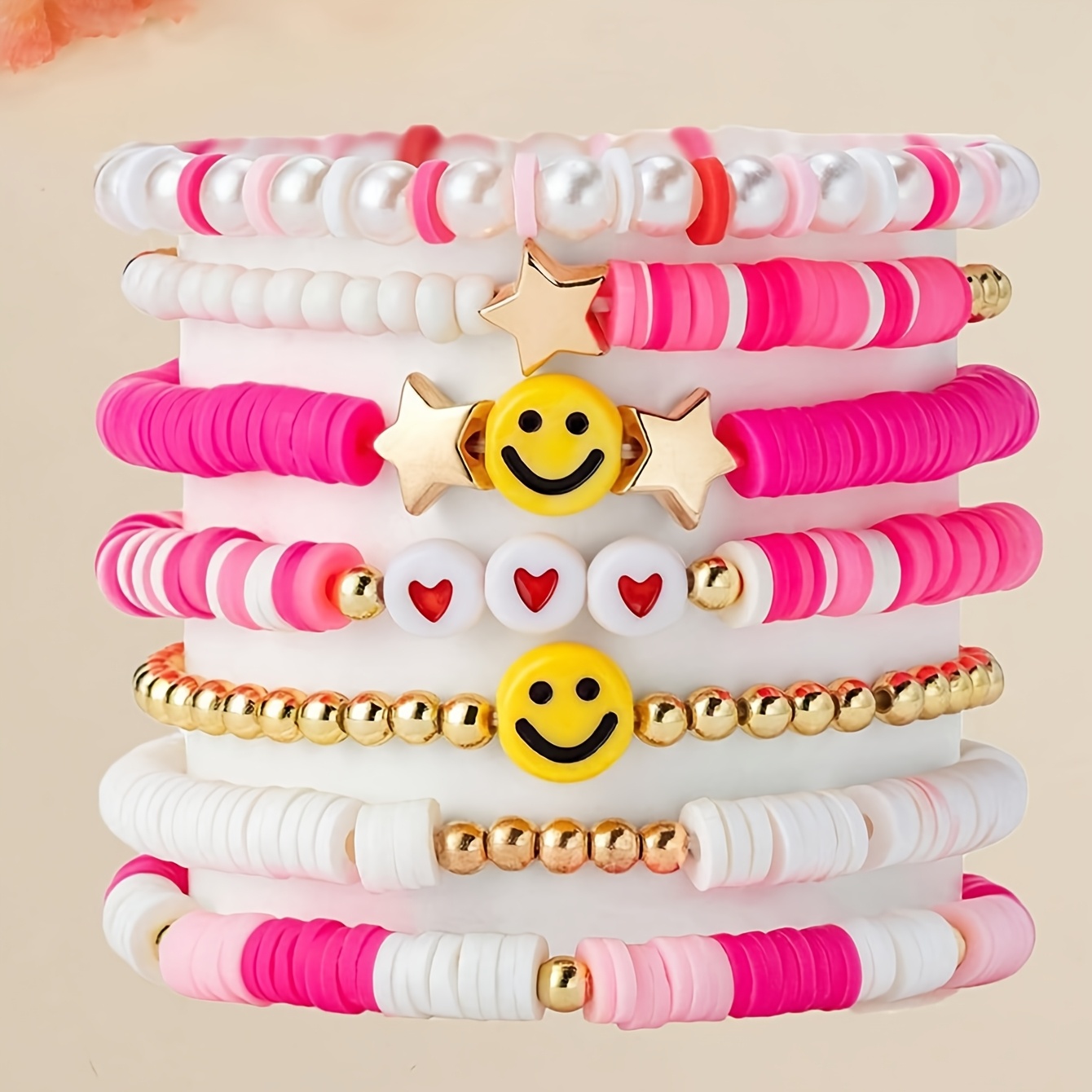 TEMU 7 Bracelets de Perles en Douce Style Bohème avec Étoile et Visage Joyeux, Parfaits pour des Filles