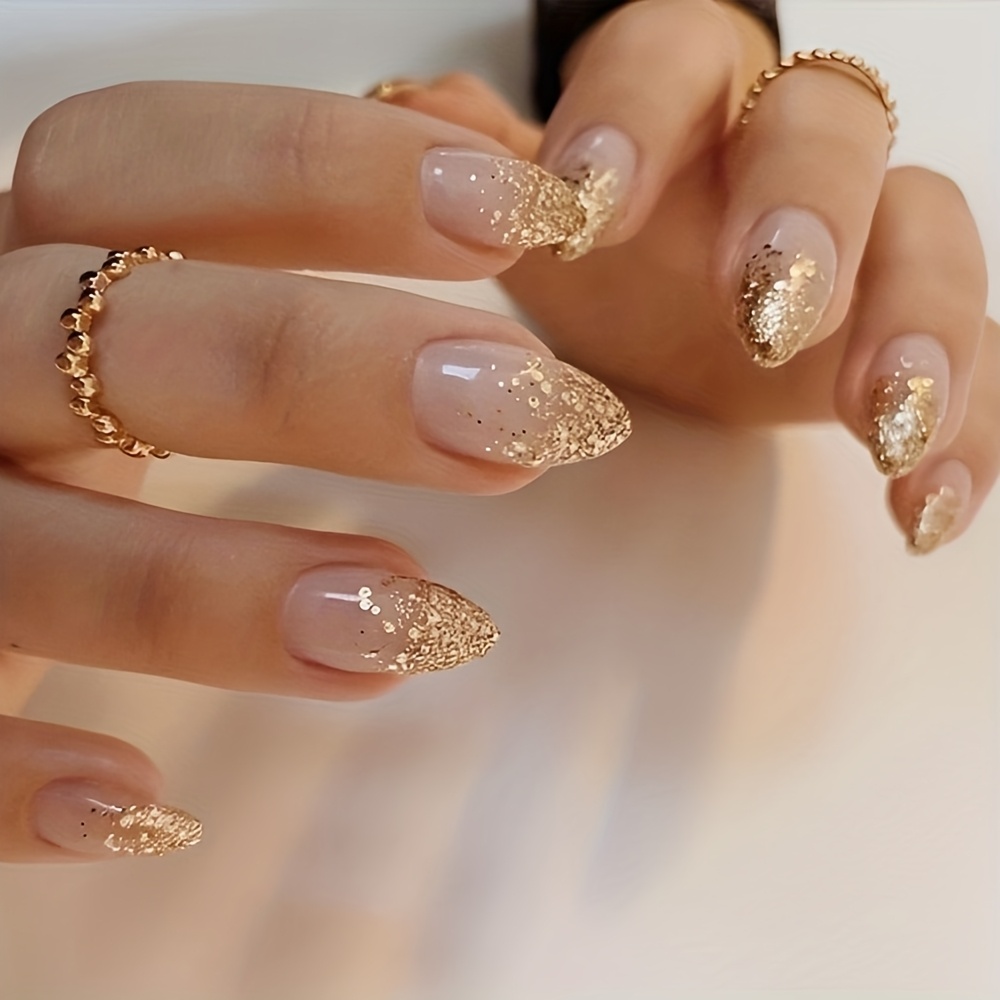 E-shop 24 Stück Glänzende Kurze Lange Mandel Form Aufdrückbare Glitzer Pink Farb System Eleganter Stil Falsche Nägel Künstliche Wiederverwendbare