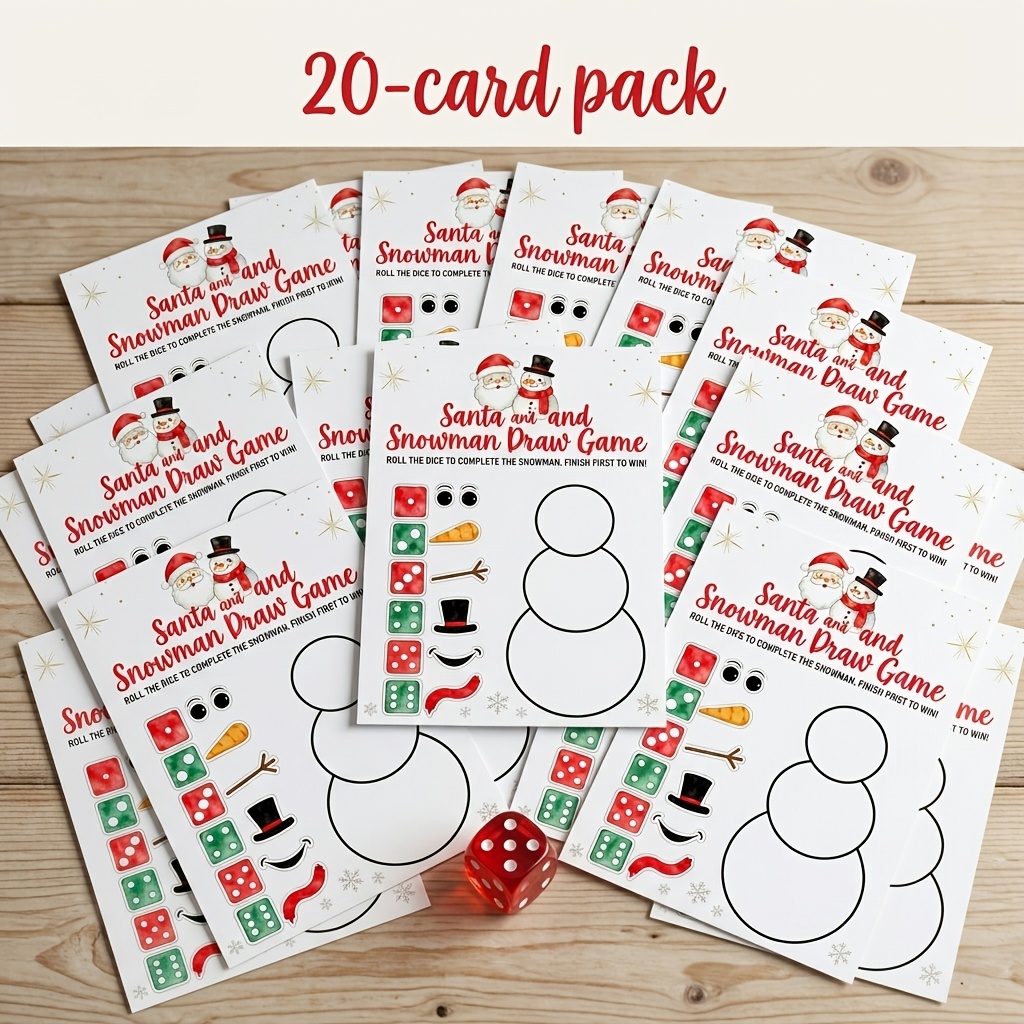 TEMU 20pcs, Fun Christmas "roll A Snowman" Game Set; Includes Paper Game Cards And , Players Roll Dice To Draw Snowman Parts Corresponding To ;