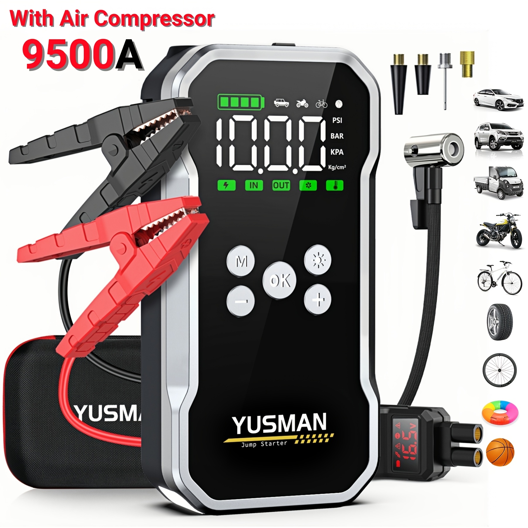 Prenosni zaganjalnik 9500A s kompresorjem 150PSI - 12V zasilni ojačevalnik akumulatorja za vse bencinske/do 10L dizelske motorje, 4-v-1 zunanja