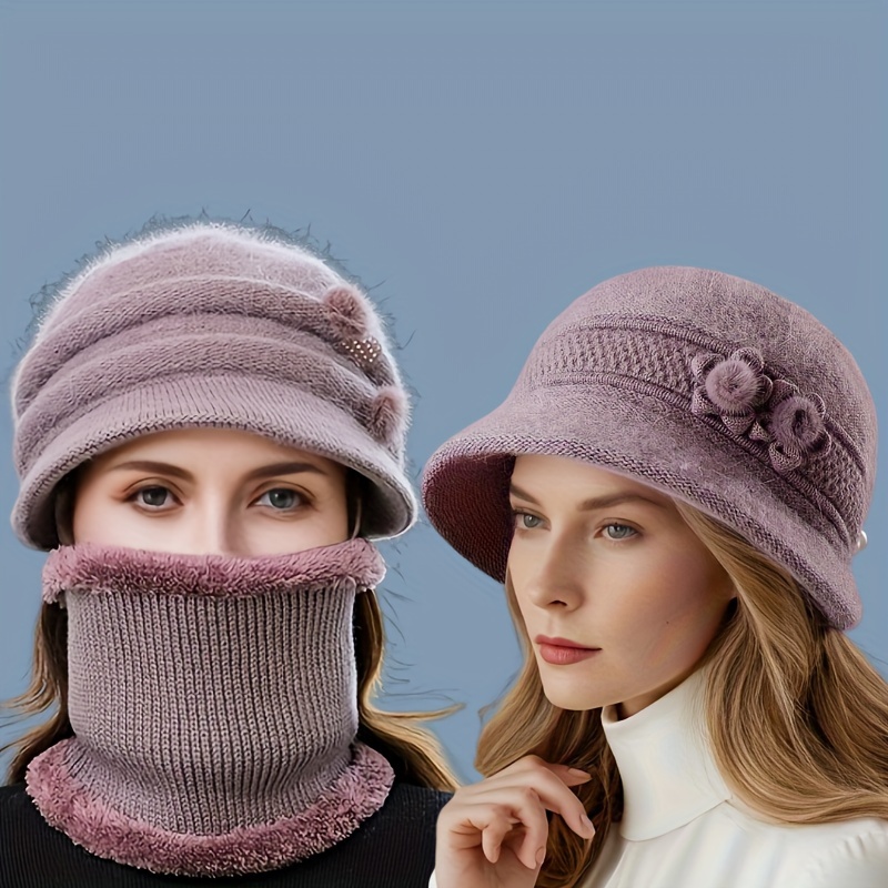 

1/2pcs Autumn Winter Light Purple Small Flower Bow Plush Hat Tube Neck Gaiter, Suitable For Travel Daily Shopping