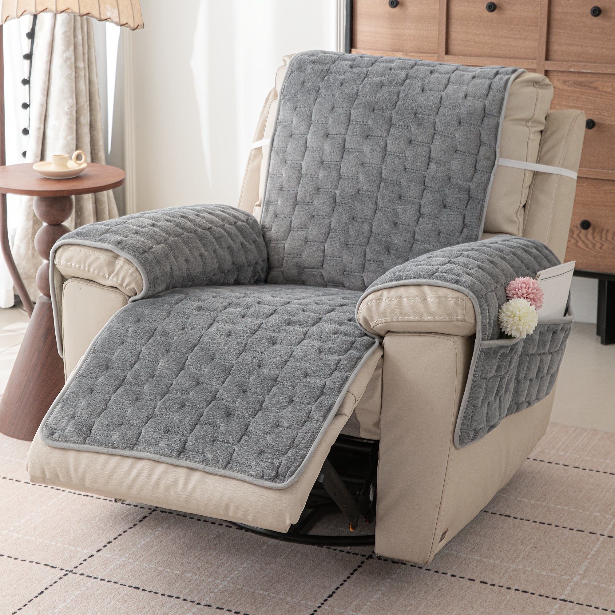 TEMU Classic Quilted Flannel Recliner Cover From 1pc - Non-slip, Suitable For , Modern Solid Color In One-piece Design, Pet Friendly, Machine