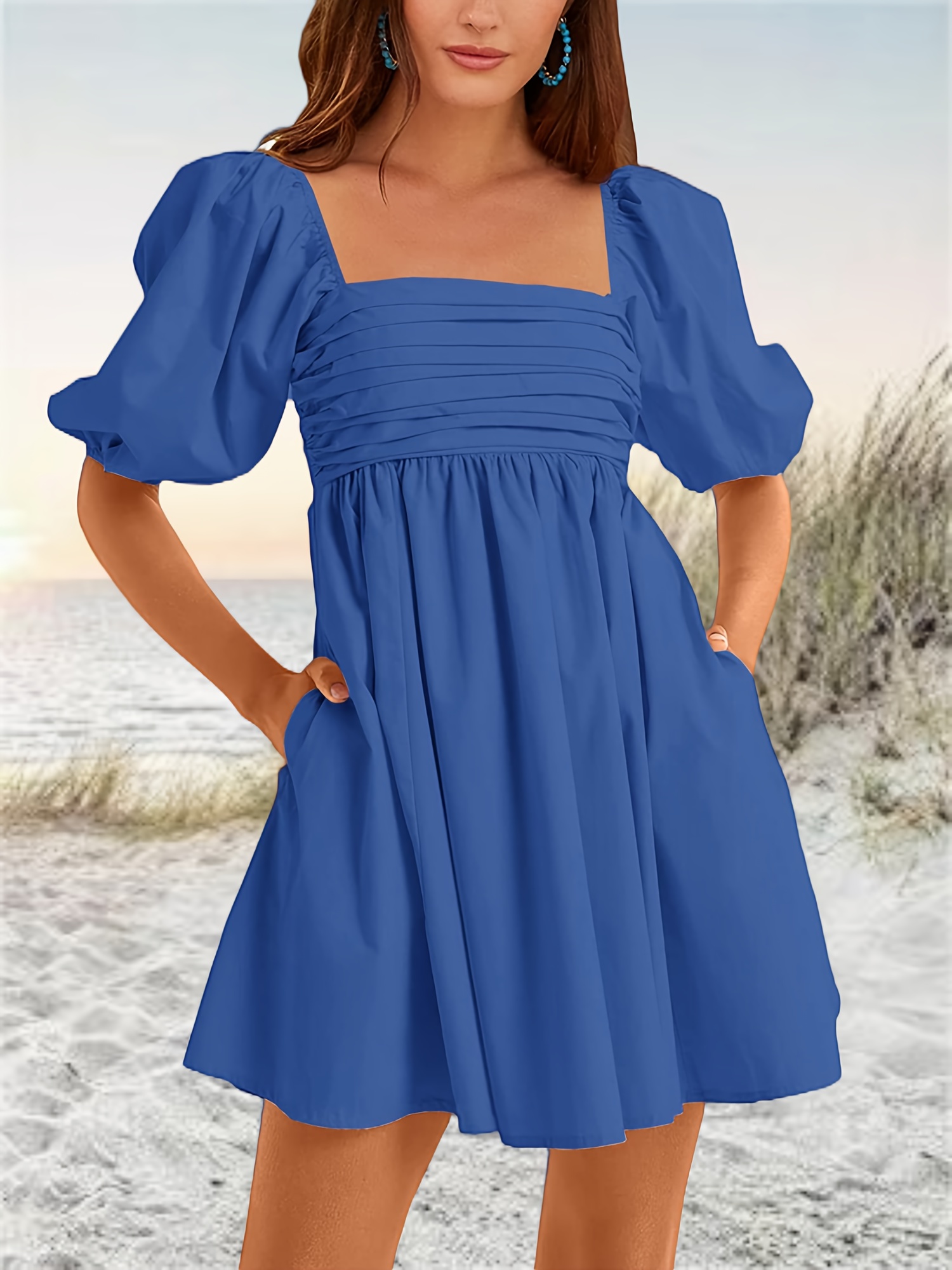 Vestidos de mujer con cuello cuadrado, manga corta abullonada, cintura  línea A, casual, sin espalda, fruncido, corto, babydoll, mini vestido