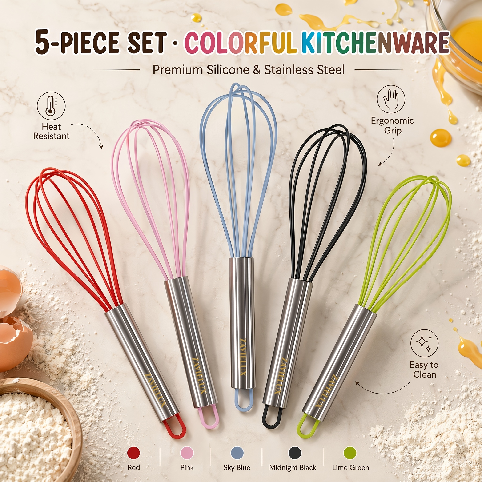 TEMU 5pcs Silicone Whisk Set (for Baking And Cooking) - Colorful Silicone Heads With Stainless Steel Handles, High-temperature Resistant And ,