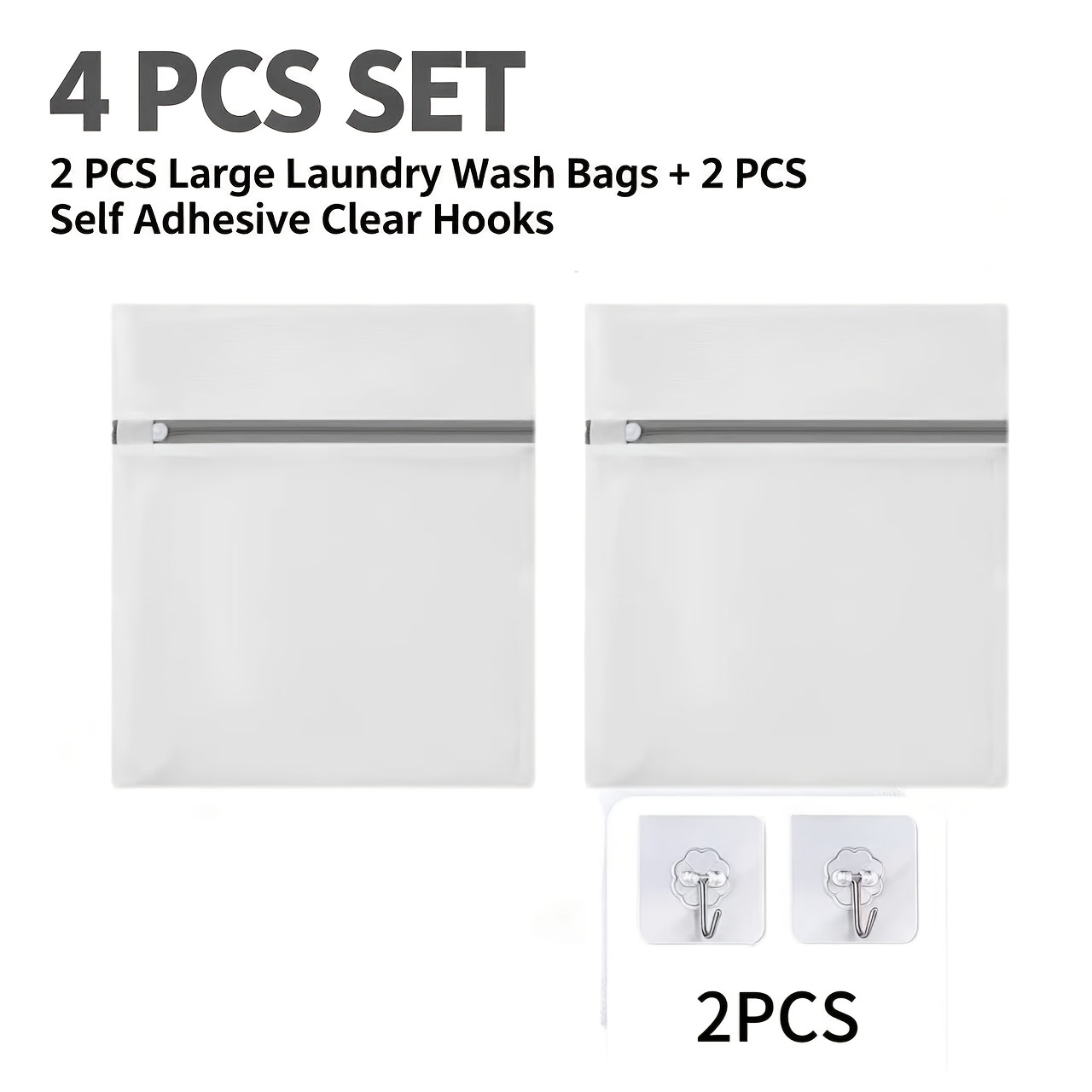 TEMU Lot de 4 grands sacs de lavage en filet pour linge, 2 filets -déformation + 2 crochets auto-adhésifs transparents, sac de réutilisable pour