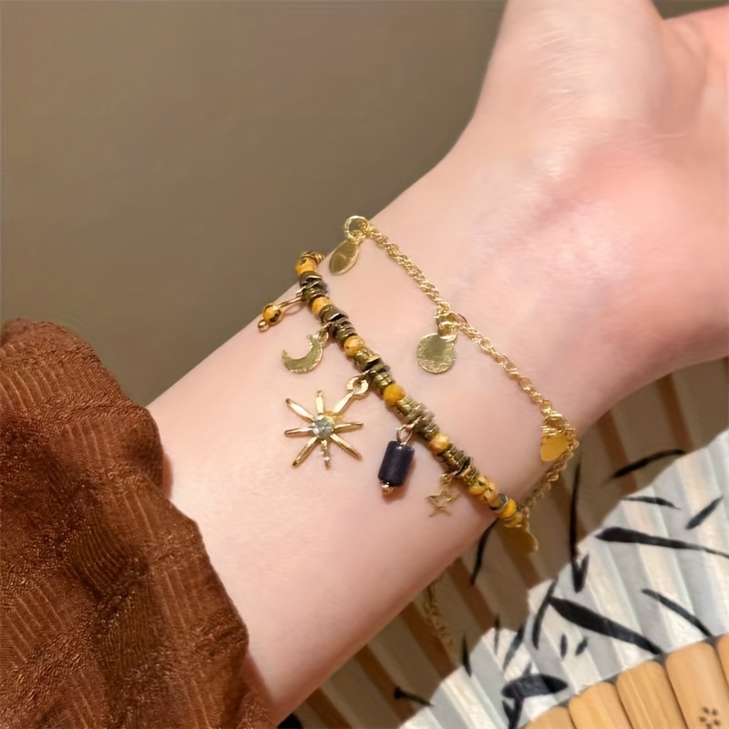 Image of 1pc Retro Elegant Sweet Beaded Star Sunflower Pendant Double Layer Bracelet Women's Holiday Gift Dating Prom Banquet Party Vacation Shopping Daily Additions Design Versatile Bohemian Jewelry