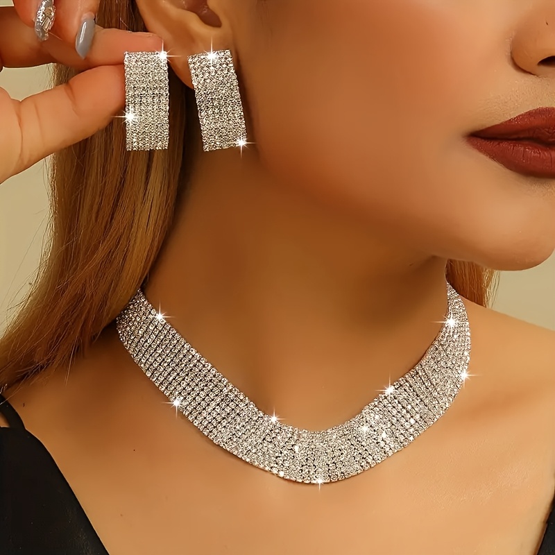 TEMU European And American Cross-border Set Fashion Temperament Rhinestone Necklace Earrings Jewelry Women' Luxury Inlaid Tassel Necklace Earrings
