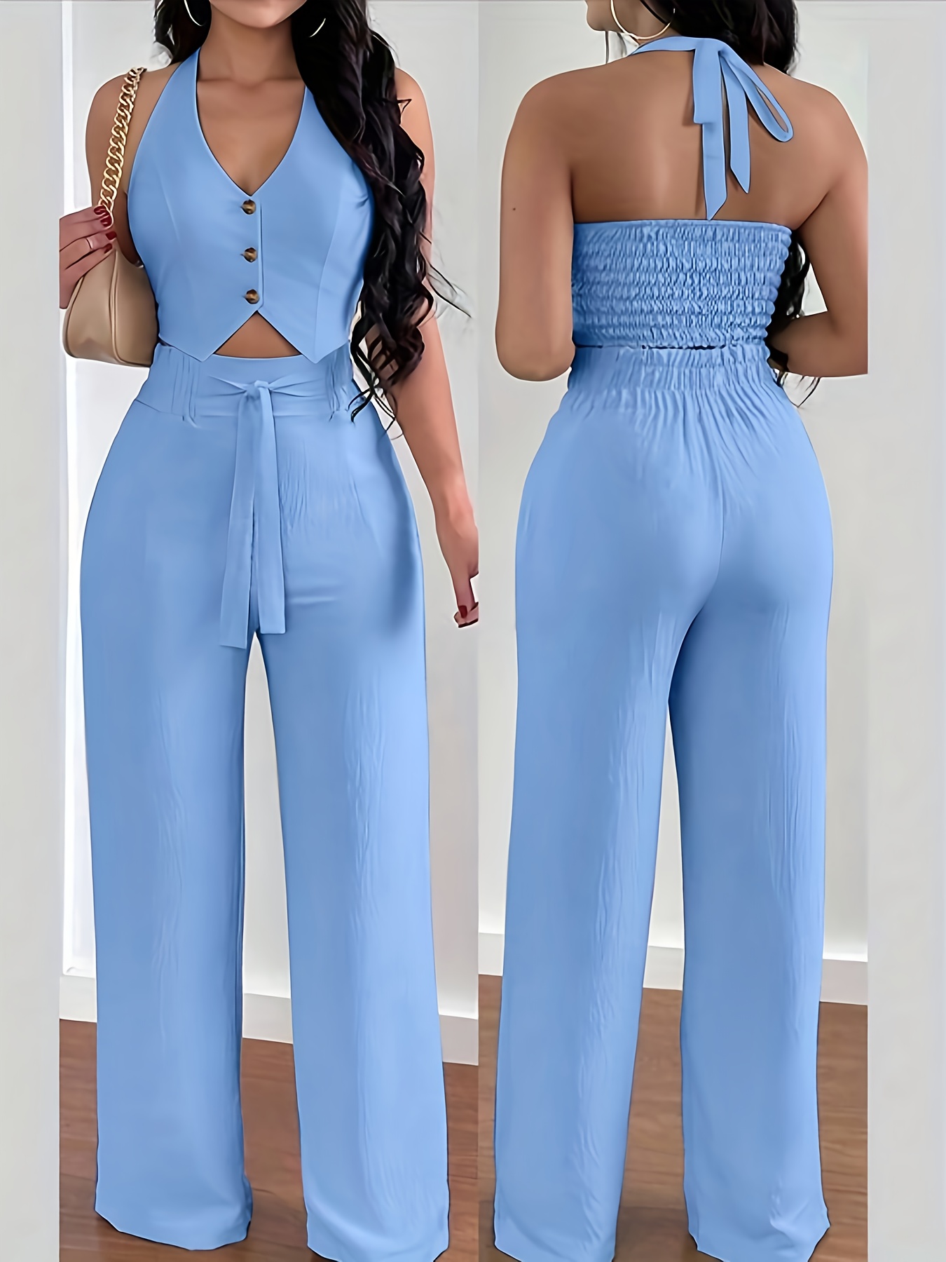 Alternative view of Nuevo conjunto de dos piezas para mujer: elegante top halter sin espalda y pantalones de pierna ancha, ideal para…