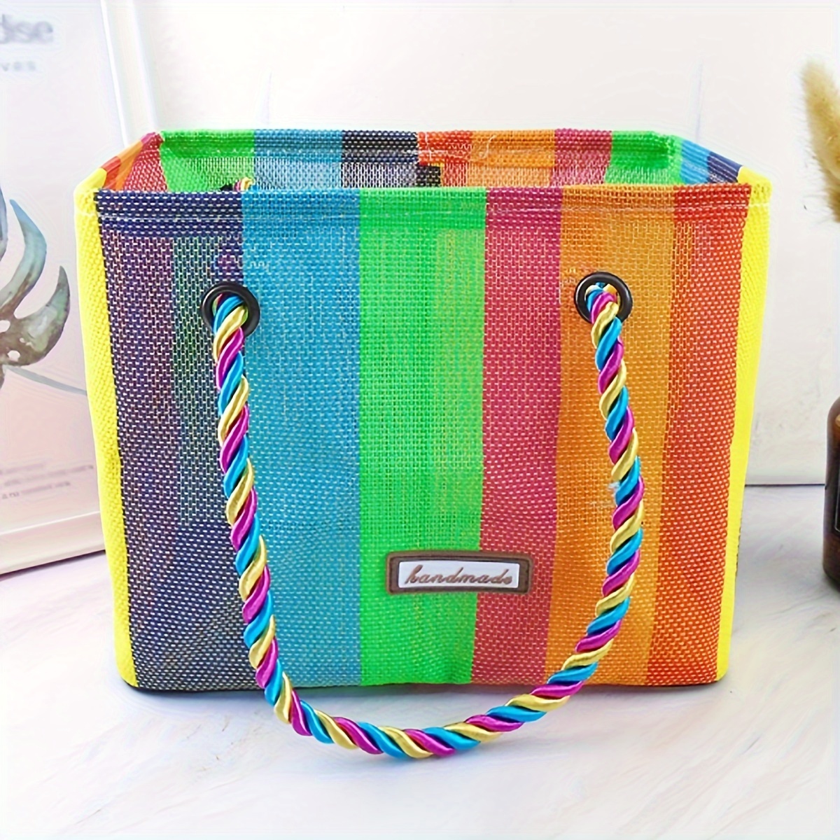 

Portable Tote Basket, Rainbow Color Woven Basket