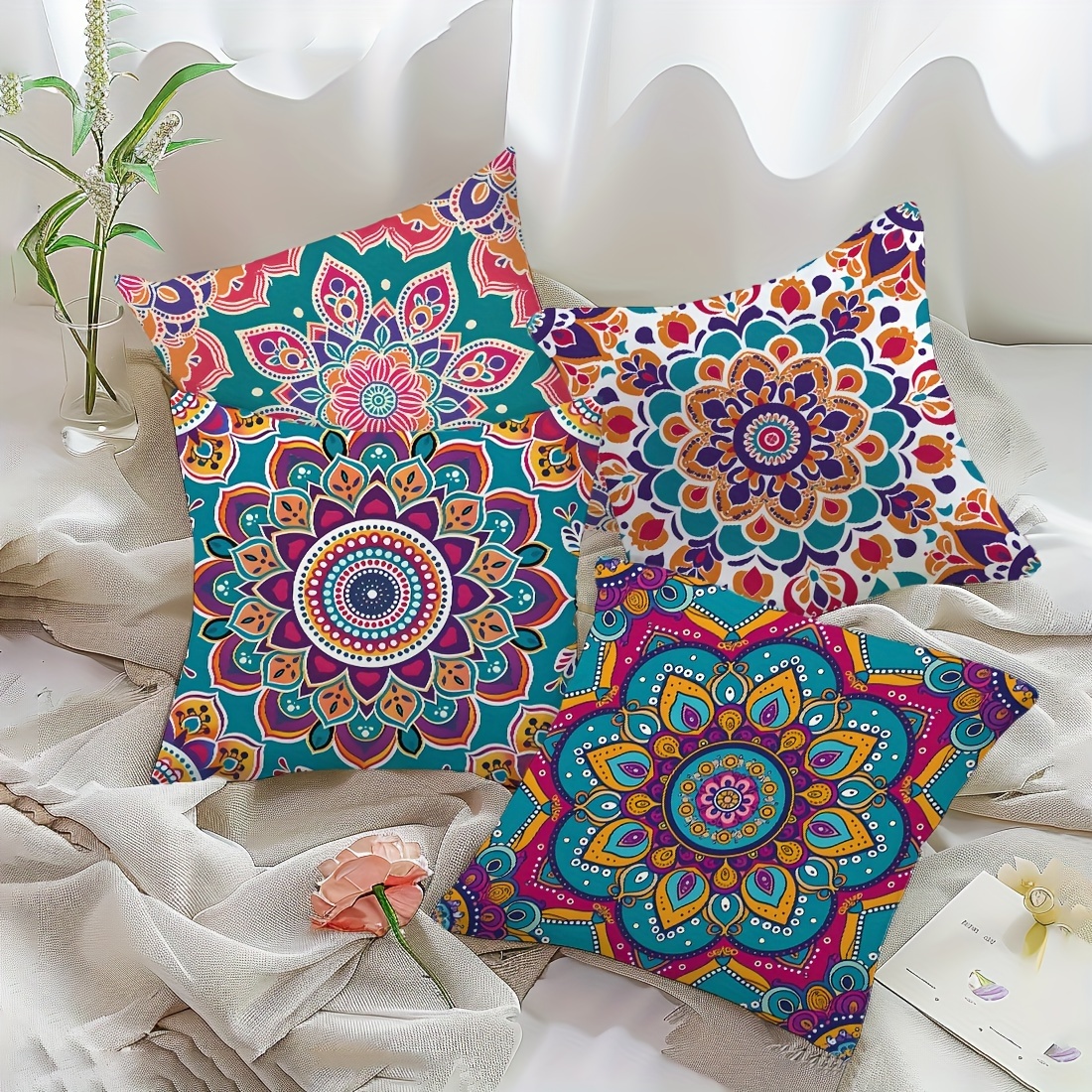 

4pcs Set Bohemian Mandala Throw Pillow Covers, 17.7x17.7in - Vintage Style Zippered Polyester Cushion Cases For Living Room & Bedroom Decor, Machine Washable (inserts Not Included)