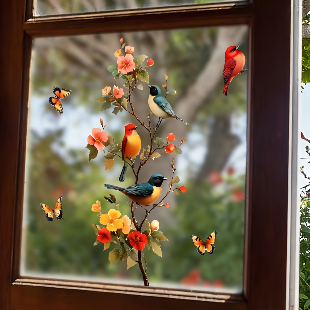 Rustic Floral And Bird Window Stickers, And Flower Decorative Stickers, Self-adhesive Glass Stickers For Bedroom And Living Room Wall Decoration