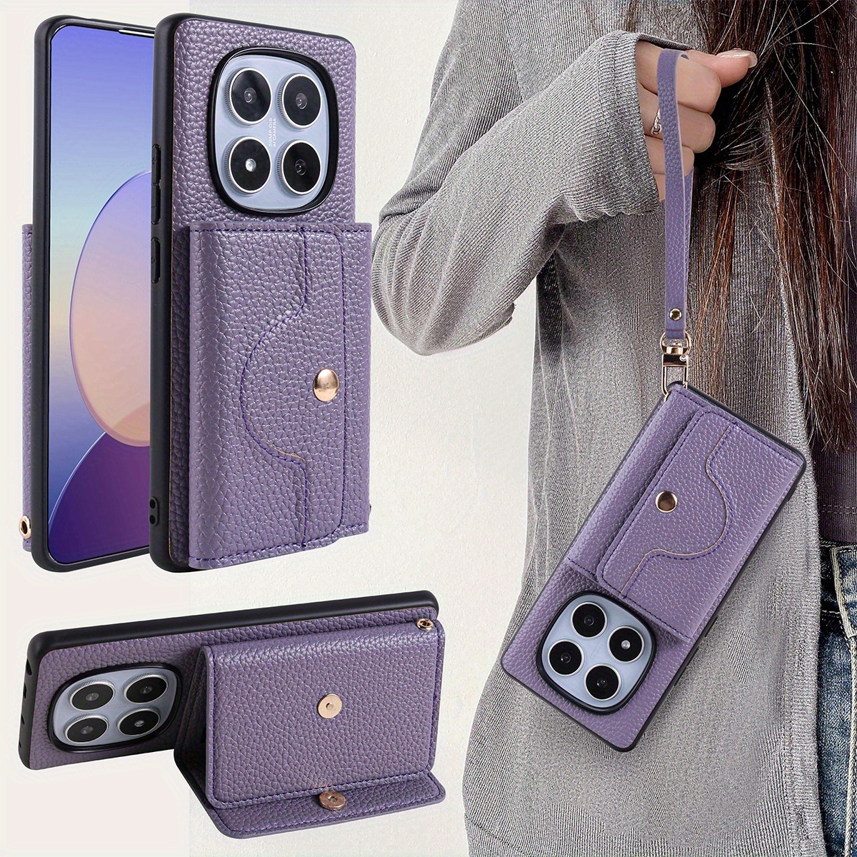 TEMU para teléfono: de lujo de con correa de muñeca de cuero sintético, estilo billetera plegable para Xiaomi Redmi Note 14 Pro y Note 13 Pro + Cuero