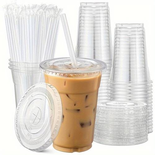 100pack 16 oz plastic cups with lids and straws disposable clear plastic cups with lids for iced coffee smoothie milkshake and cold drinks