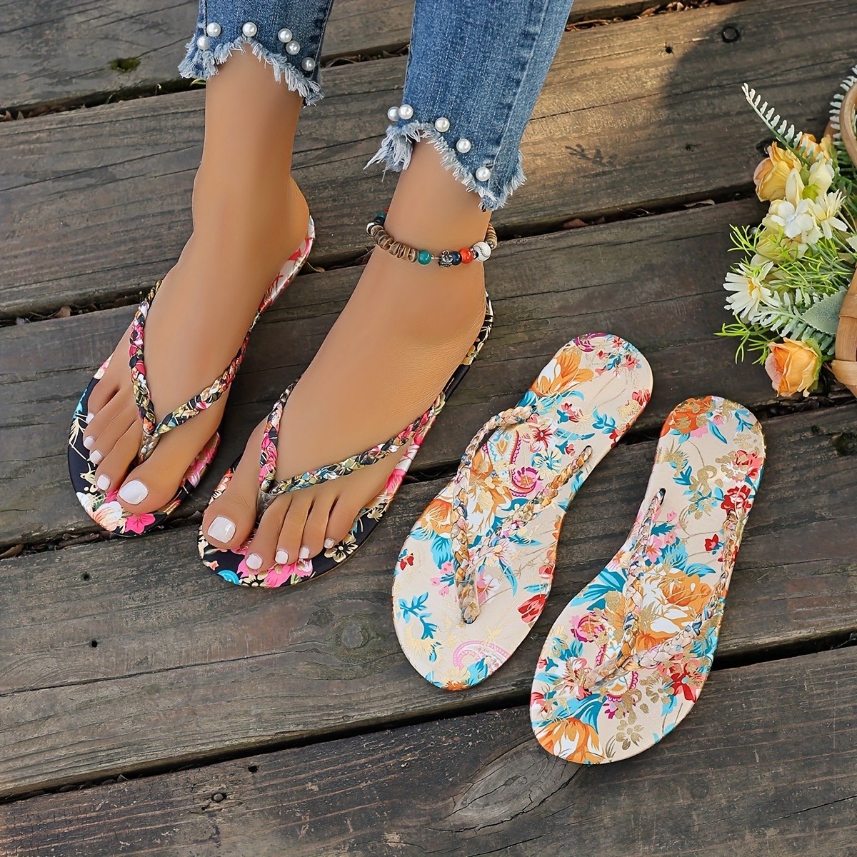 stylish floral print women's flat sandals slip thong sandals