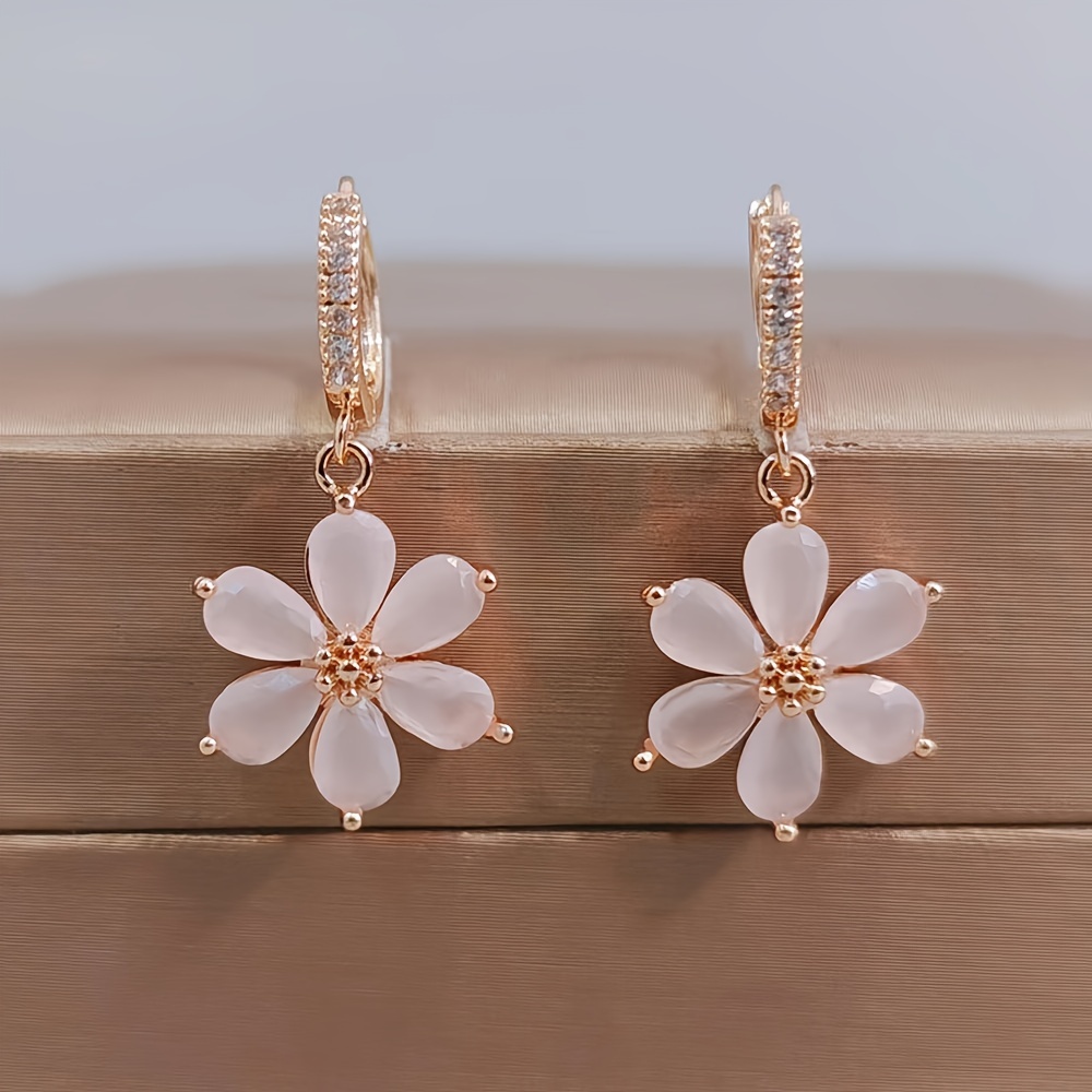 TEMU Charming Pink Flower Dangle Earrings - Mkopsz - Synthetic Zirconia - 14k Golden Plated - Perfect For Everyday Wear And Gift Giving