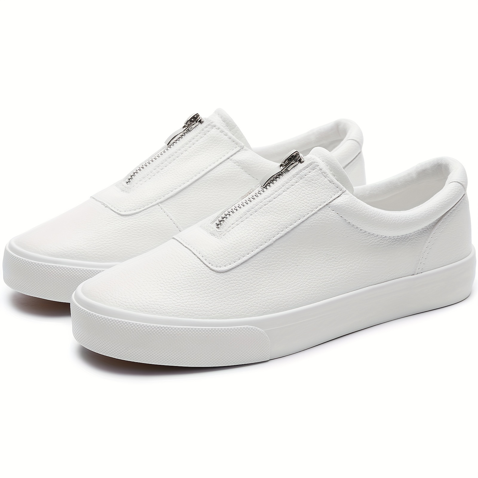 

Women's Fashion Slip-on Sneakers, Casual Pu Leather Comfortable Loafers, White Flat Shoes With Zipper Detail