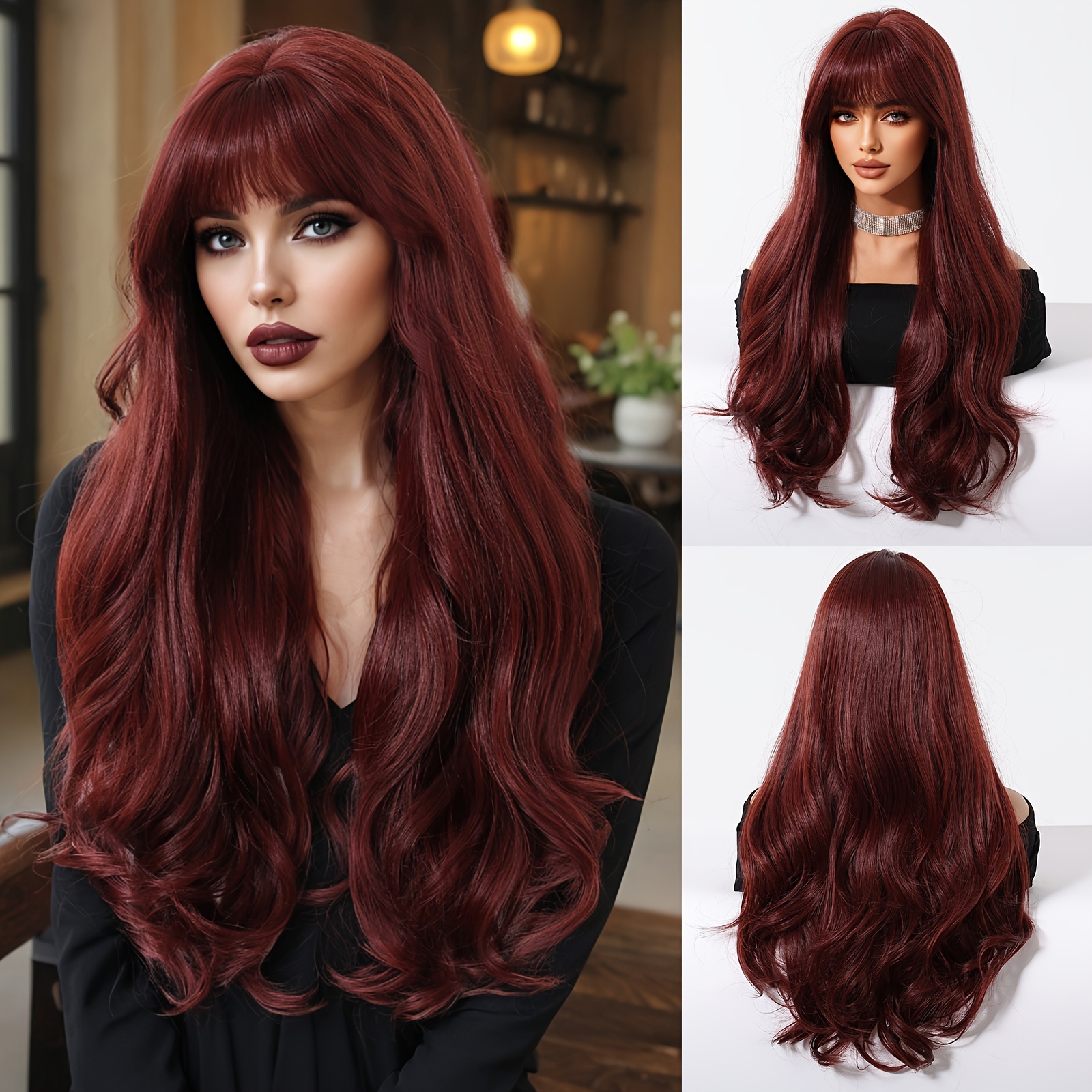 

Luxurious Burgundy Long Wig With Bangs For Women - Heat Resistant Synthetic Fiber, Loose Curly Style, Ideal For Christmas & Party Celebrations, Includes Cap, Wig Accessories