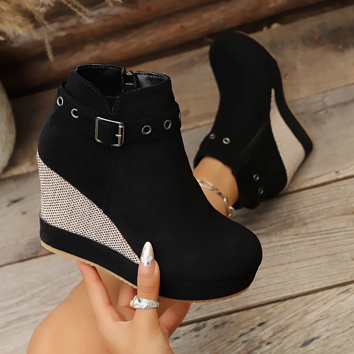 TEMU Women's Wedge Boots Thick Sole Height Increasing Versatile Boots Autumn Winter , Women Shoes