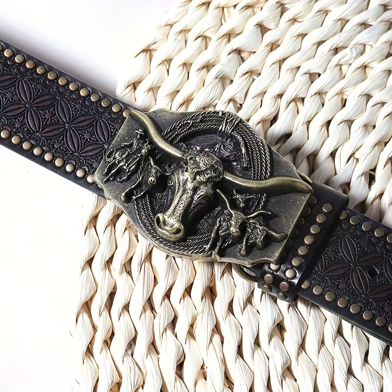 mens punk embossed western cowboy wide belt trendy - Temu display picture 1