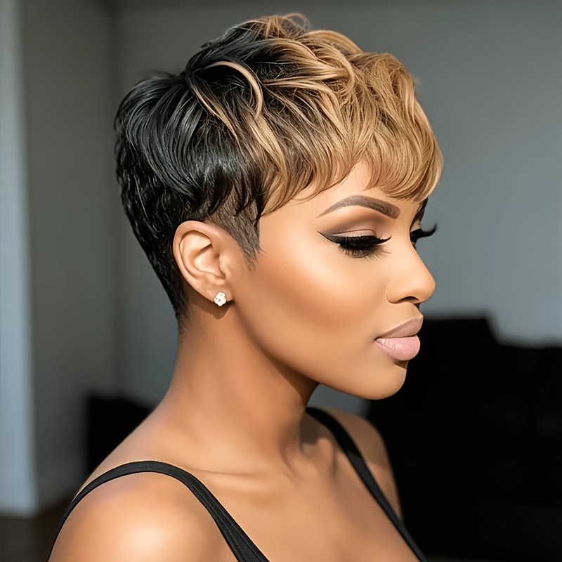 TEMU Perruque Peruvienne en Cheveux Humains pour Femmes, Adaptée à Tous les Teintes de Peau - 1B/27# Blonde, Coupe Courte et Droite, Coupe avec