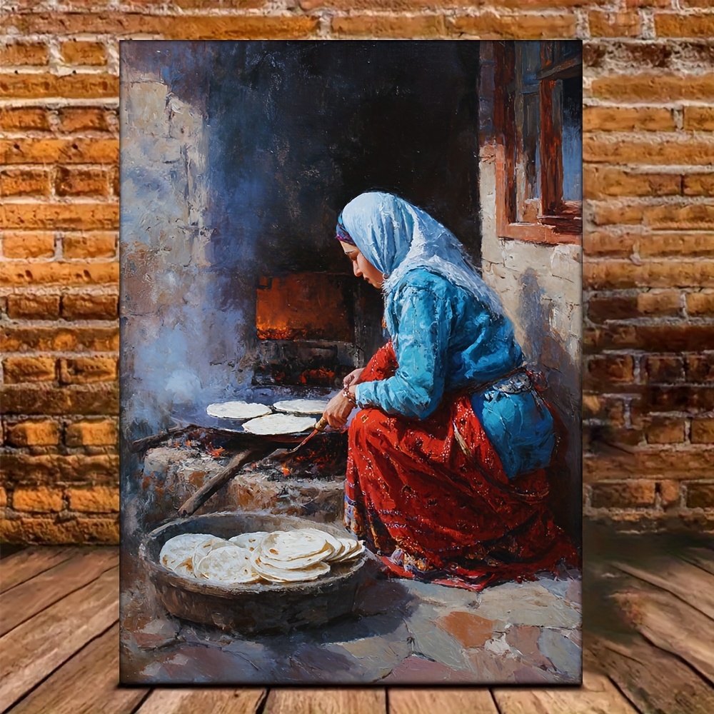 TEMU 2d Flat, 2d Flat, 2d Flat 1pc, With Frame, 12x16inch [2d Flat] Hd Oil Painting Of Kish Woman Cooking Gozleme, Outdoor Garden Anatolian Food Art