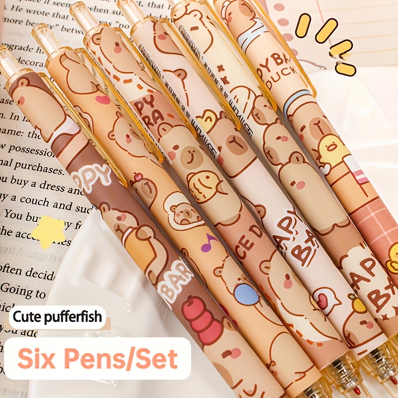 

6pcs Capybara Erasable Gel Pens, Quick- Ink, 0.5mm Medium Point For Smooth Writing - Cute Animal Design Rollerballs For Students & Office