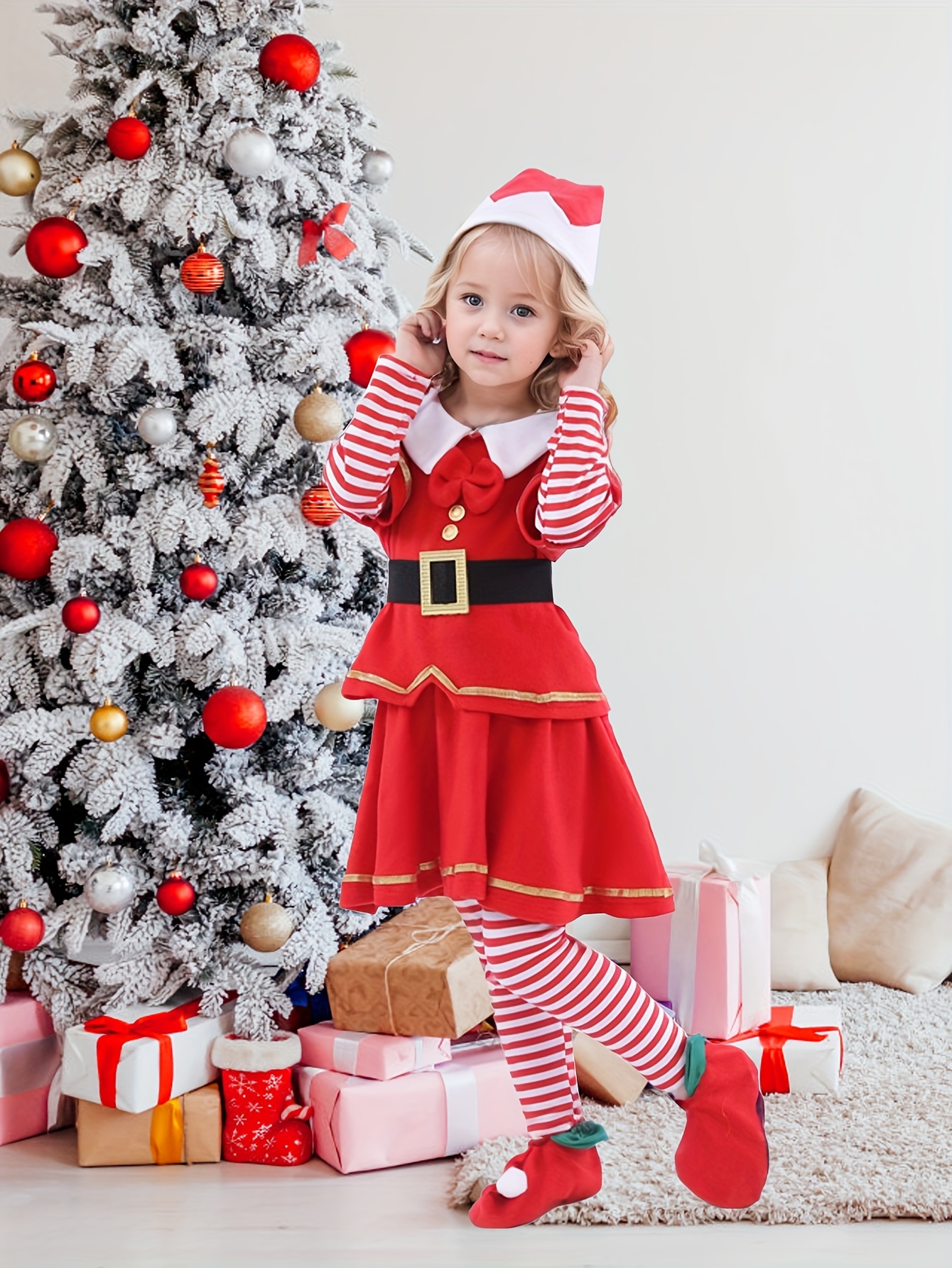 European and *' medium and large Christmas clothes with exquisite bow  decoration, five-piece set with top with side skirt belt Christmas  hat