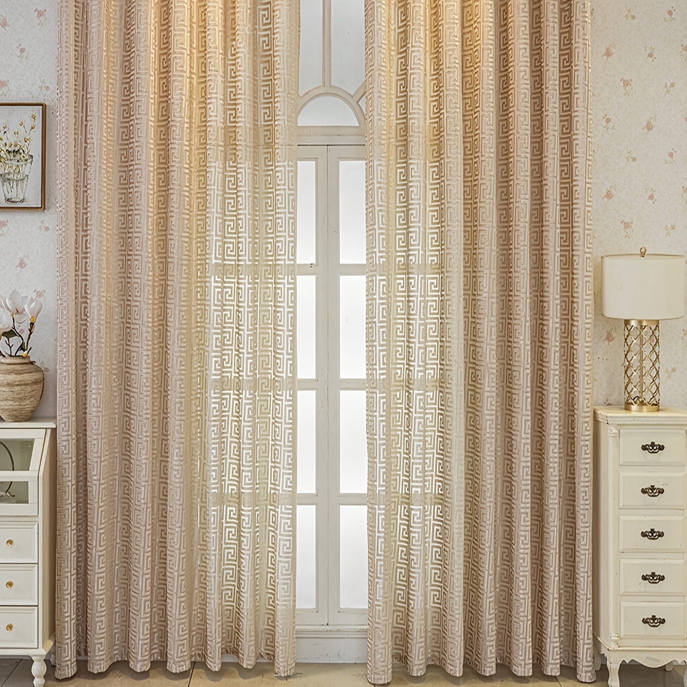 TEMU 1 pièce Rideau en Dentelle Jacquard Semi-Transparent , Bloque 50% de , Adapté pour Chambre et Salon, Rideau Semi-Transparent Idéal pour l'Été,