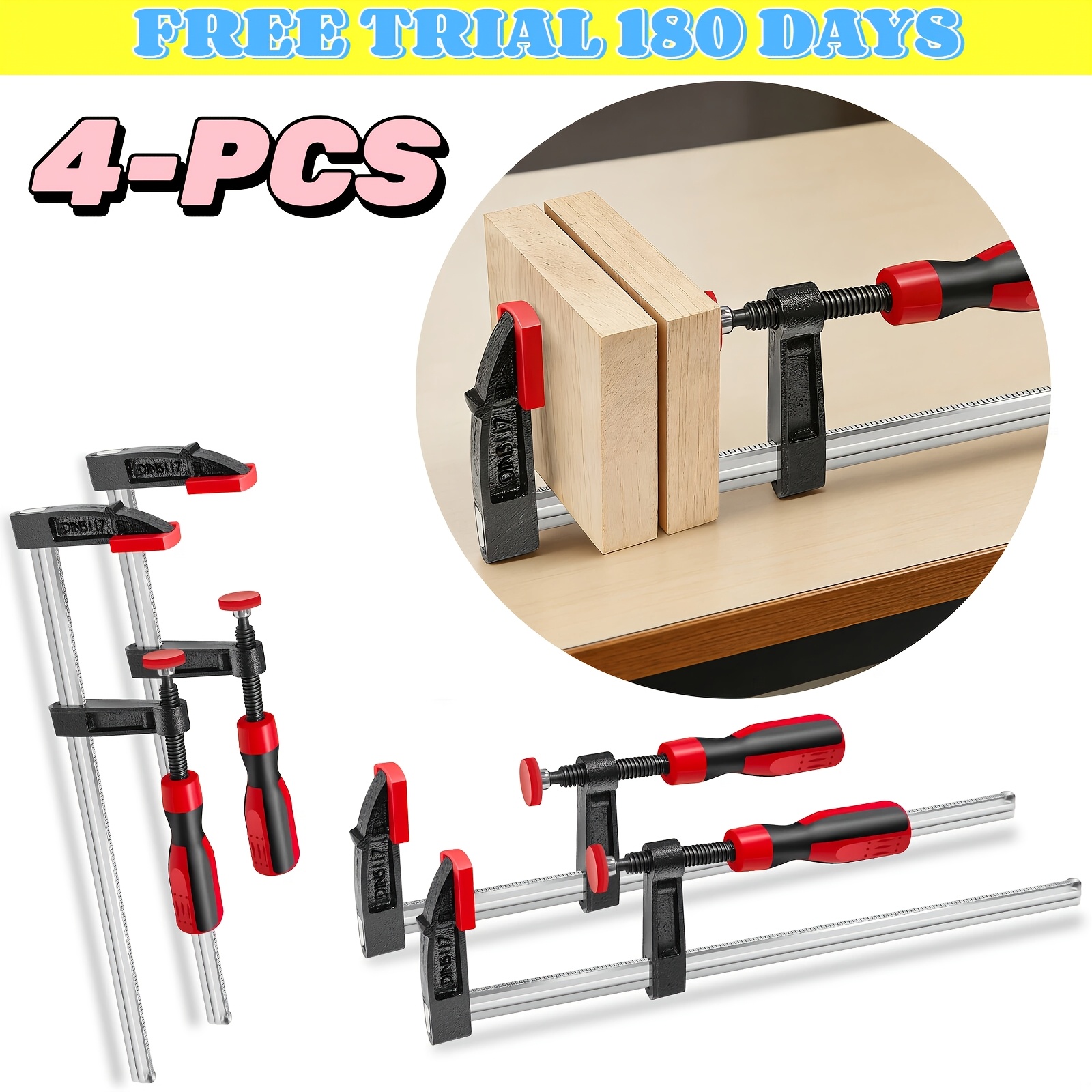 Image of 4 Pack 12" Heavy Duty F Clamp Set, Bar Clamps, Long Wood Clamps Adjuster For Woodworking, Metalwork & (professional, High Clamping Force)