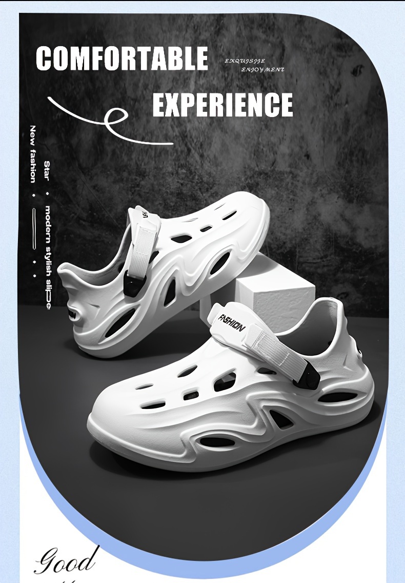 mens summer fashion clogs white eva slip on garden shoes with alphabet print breathable cut out design non slip durable heel for outdoor activities casual beach wear and everyday use summer sandals details 4