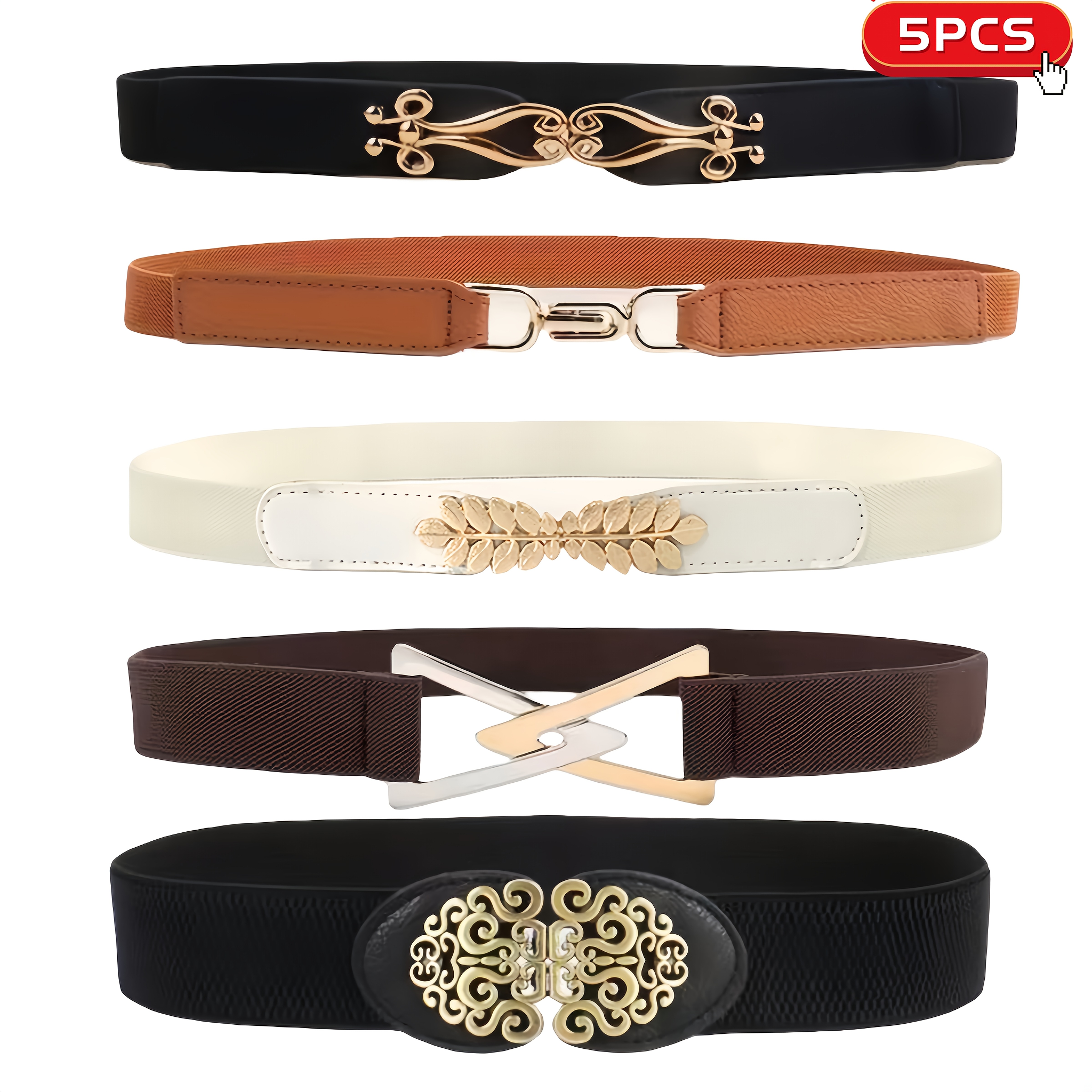 TEMU 5pcs Set Women's Stretchy Elastic Belts, Waist Cinching Belts, Golden Waist Cinch, Easy To Put On And , Geometric Double , Leaf , Vintage Belts,