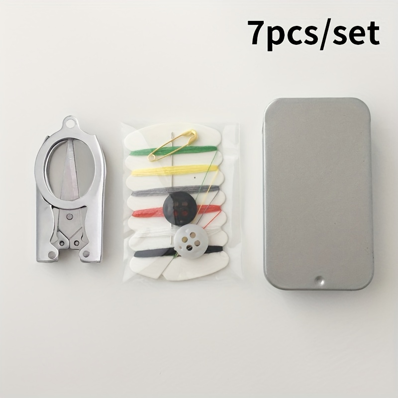 TEMU 7ピース/1セット ミニ裁縫キット ポータブル針箱 手作り衣類糸ボックス 旅行用寮のための針パッケージ 刺繍裁縫バッグ、折りたたみハサミ、ボタン、糸、ピン、その他のツールが含まれています