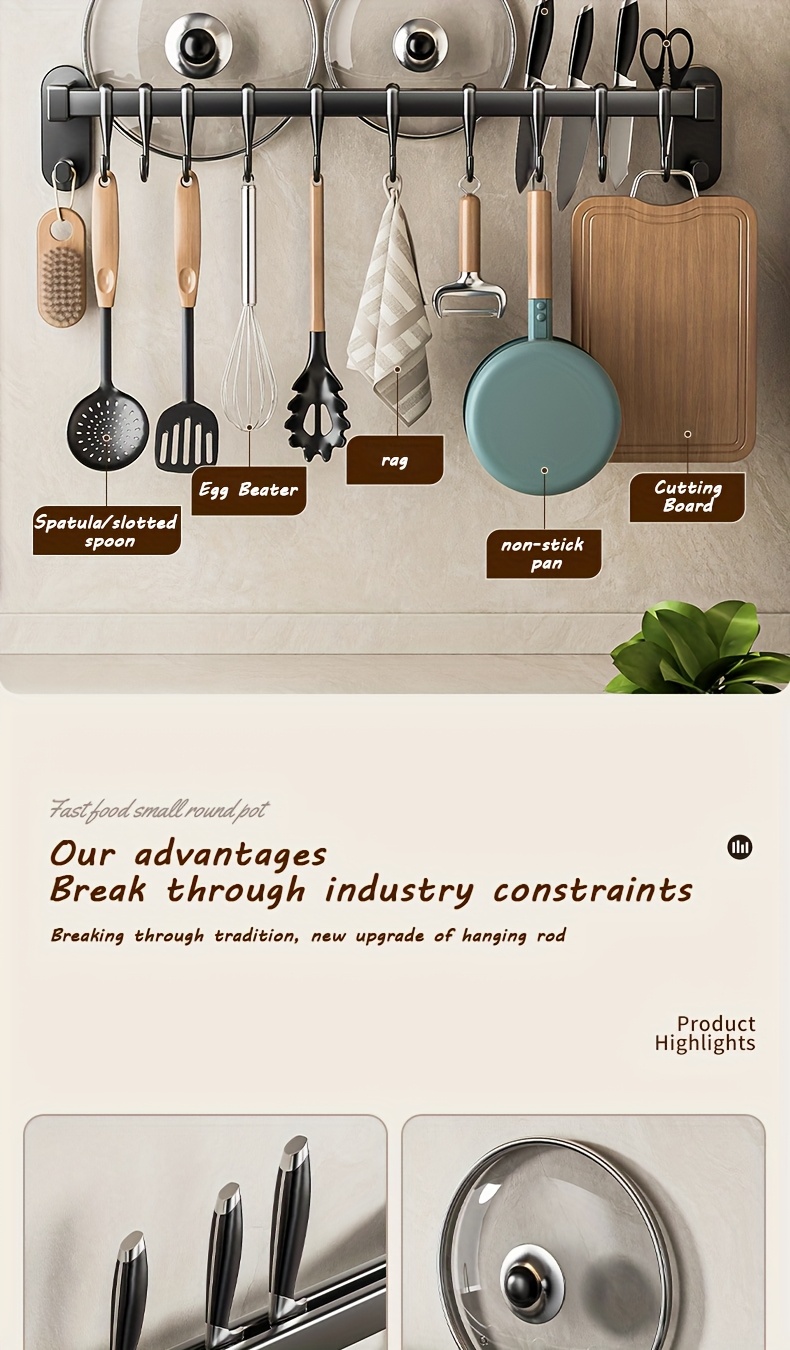 1pc Estante de Almacenamiento Multifuncional para Cocina - Organizador Montado en la Pared de Plástico Duradero con Adhesivo sin Clavos y Tornillos Perforados, Diseño Elevado Ampliado para Utensilios, Cuchillos, Condimentos, Palillos, Trapos - Ahorro de Espacio en la Organización de la Cocina, Aspecto Moderno y Elegante | Construcción Robusta, Organizadores y Almacenamiento de Cocina